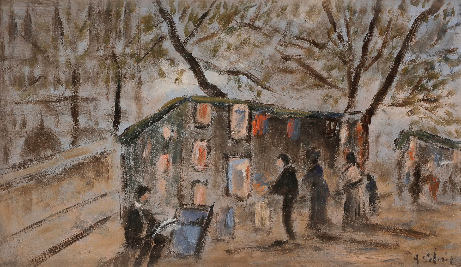 Henri SAINT-CLAIR (1899-1990)
Bouquinistes à Notre-Dame
Huile sur carton.
Signée en bas à droite.
22 x 40 cm

Provenance : 
Vente de l'atelier (étiquette manuscrite au dos).