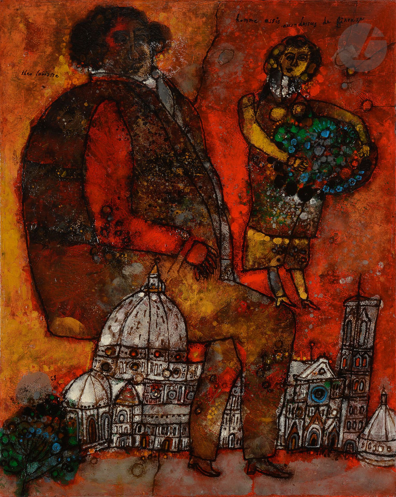 Théo TOBIASSE (1927-2012)
Homme assis au-dessus de Firenze, 1968
Huile sur toile.
Signée, datée et titrée dans la composition.
92 x 73 cm

Exposition : 
Tobiasse, les lumières de l'espoir, Musée Magnelli - Musée de la céramique, Vallauris, 24 juin - 30 octobre 2017.