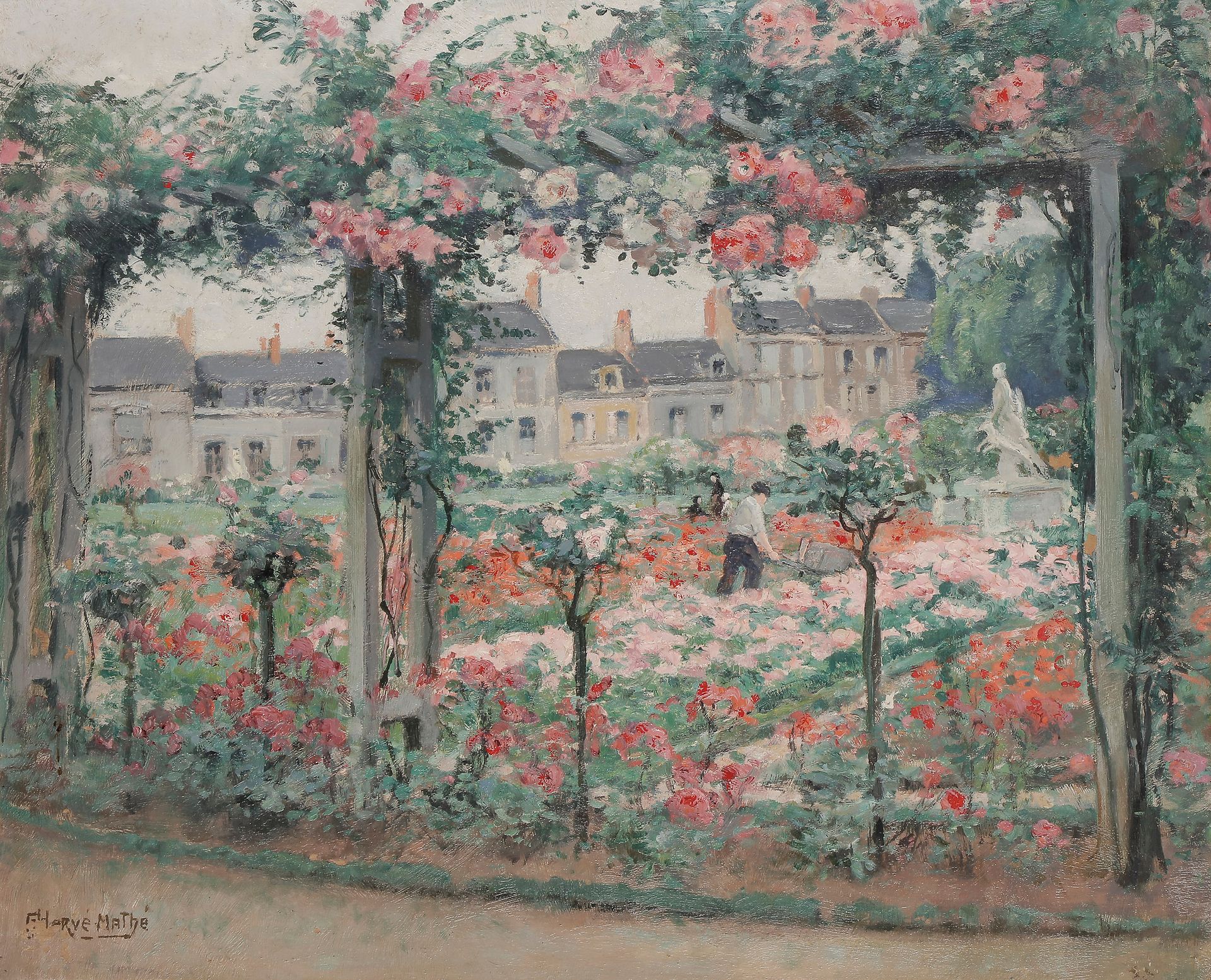 Jules Alfred HERVE-MATHE (1868-1953)
La Roseraie, Jardin des plantes, Le Mans, vers 1937-38
Huile sur panneau.
Signée en bas à gauche.
Signée, datée et titrée au dos.
(Petits manques).
50 x 61 cm