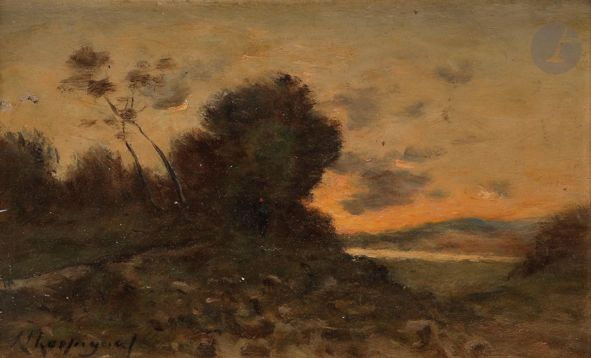 Henri Joseph HARPIGNIES (1819-1916)
Crépuscule, vers 1900
Huile sur panneau.
Signée en bas à gauche.
13 x 21 cm

Provenance :
Collection Paule Cailac, Paris.

Cette œuvre sera incluse au Catalogue Raisonné en préparation par Monsieur Jean-Pierre Cappoen.

Nous remercions Monsieur Cappoen pour les informations contenues dans cette notice.