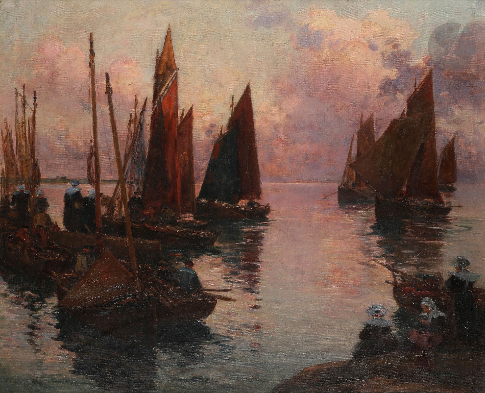 Fernand LEGOUT-GERARD (1856-1924)
Retour de pêche en bretagne
Huile sur toile.
Signée en bas à gauche.
(Accidents)
65,5 x 81 cm