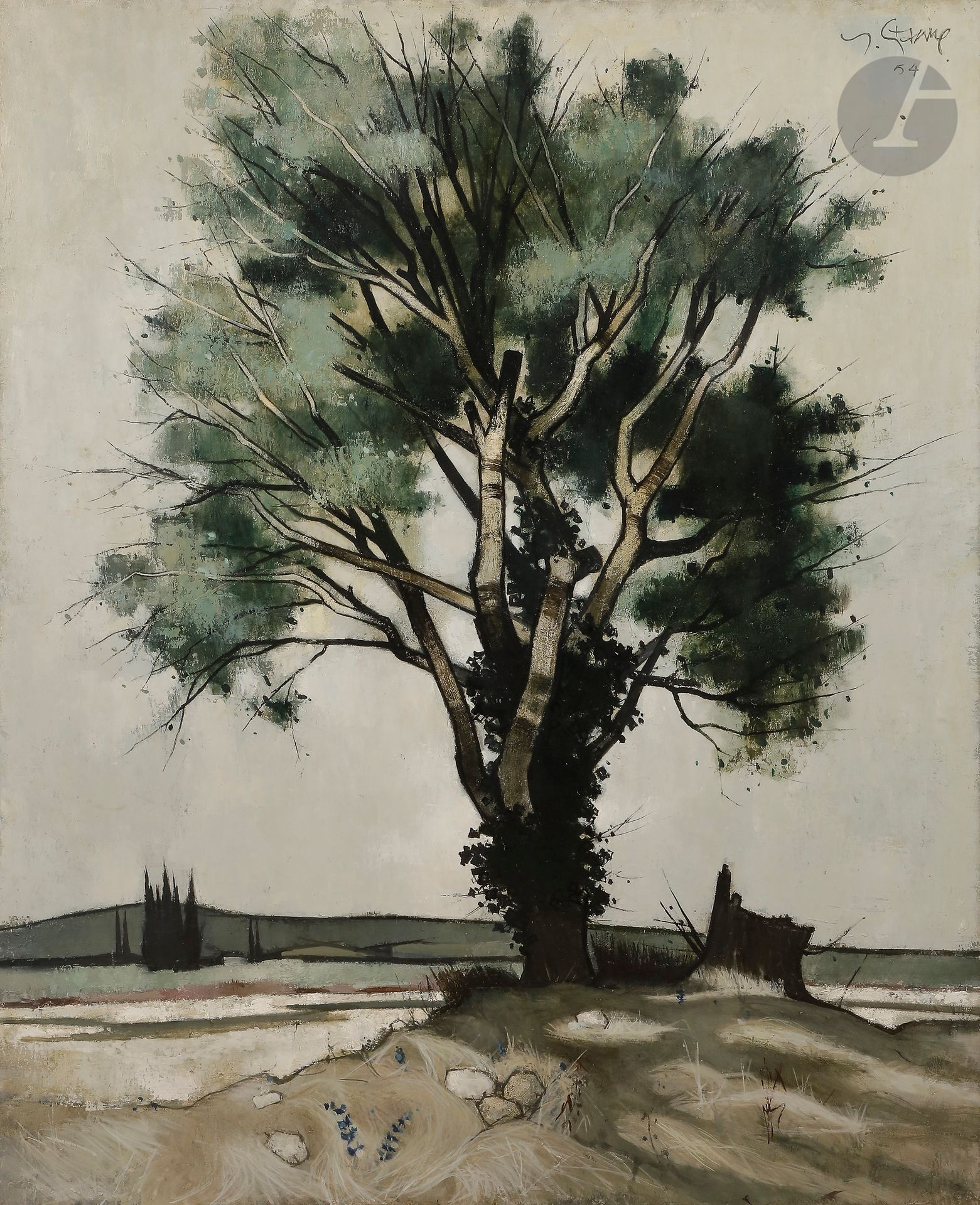 Yves GANNE (né en 1931)
Arbre du bord d'Aygues, Camaret, 1954
Huile sur toile.
Signée et datée en haut à droite.
Signée, datée et titrée au dos.
116 x 89 cm

Provenance : 
- Galerie Nozeda, Avignon (tampon au dos). 
- Galerie Drouant-David, Paris (tampon au dos).