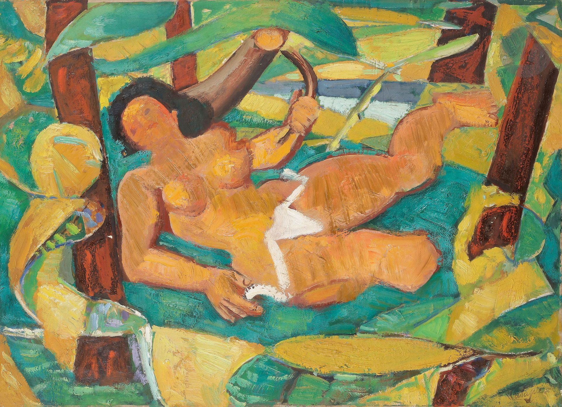 Louis LATAPIE (1891-1972)
Nu au bord de l'eau, 1949
Huile sur papier monté sur toile.
Signée et datée au dos.
(Petit manque).
56 x 75 cm

Nous remercions Madame Dominique Bissière d'avoir confirmé l'authenticité de cette œuvre.