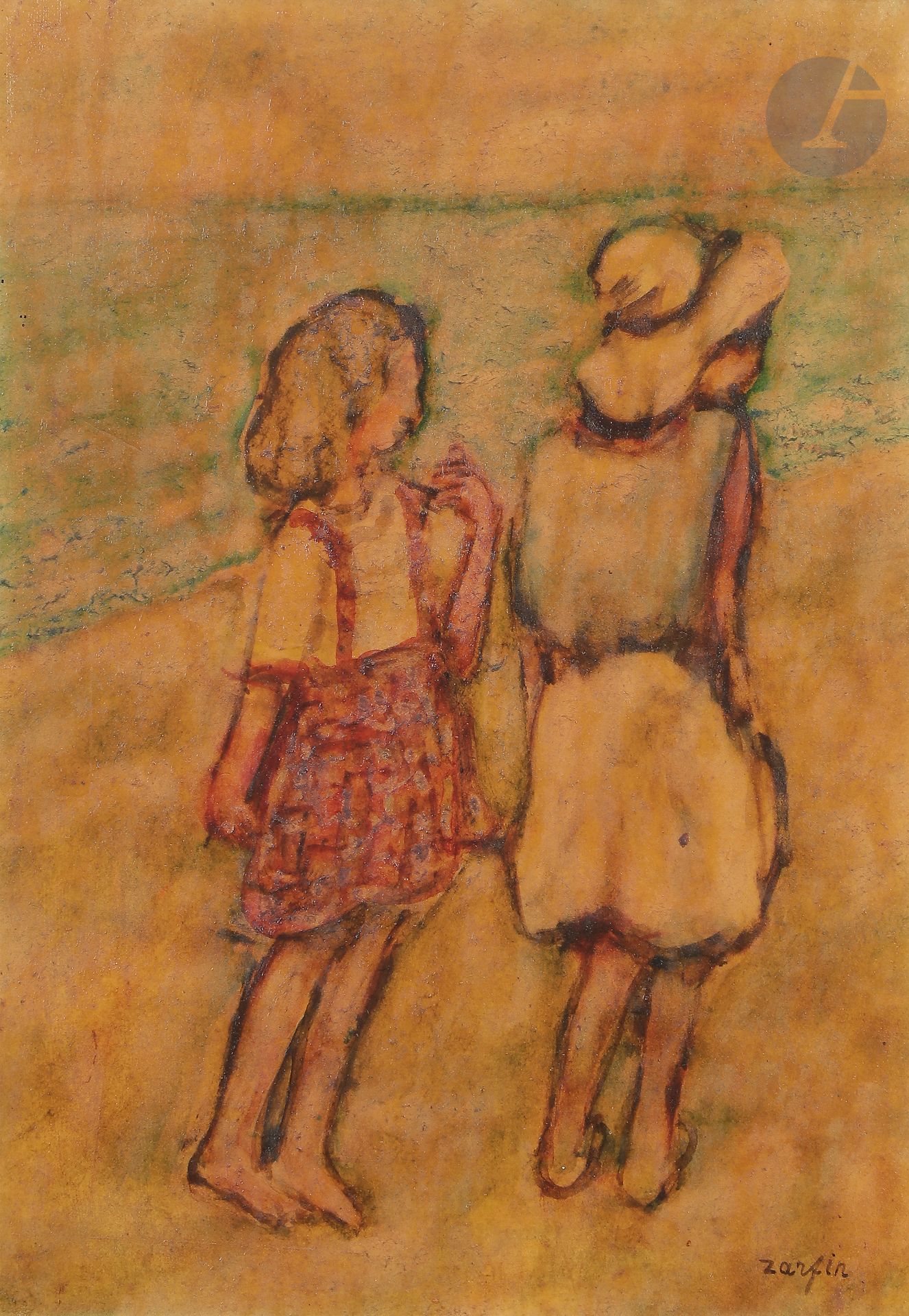 Faïbich-Schraga ZARFIN (1899-1975)
Fillettes sur la plage
Gouache vernis sur carton.
Signée en bas à droite.
33 x 24 cm