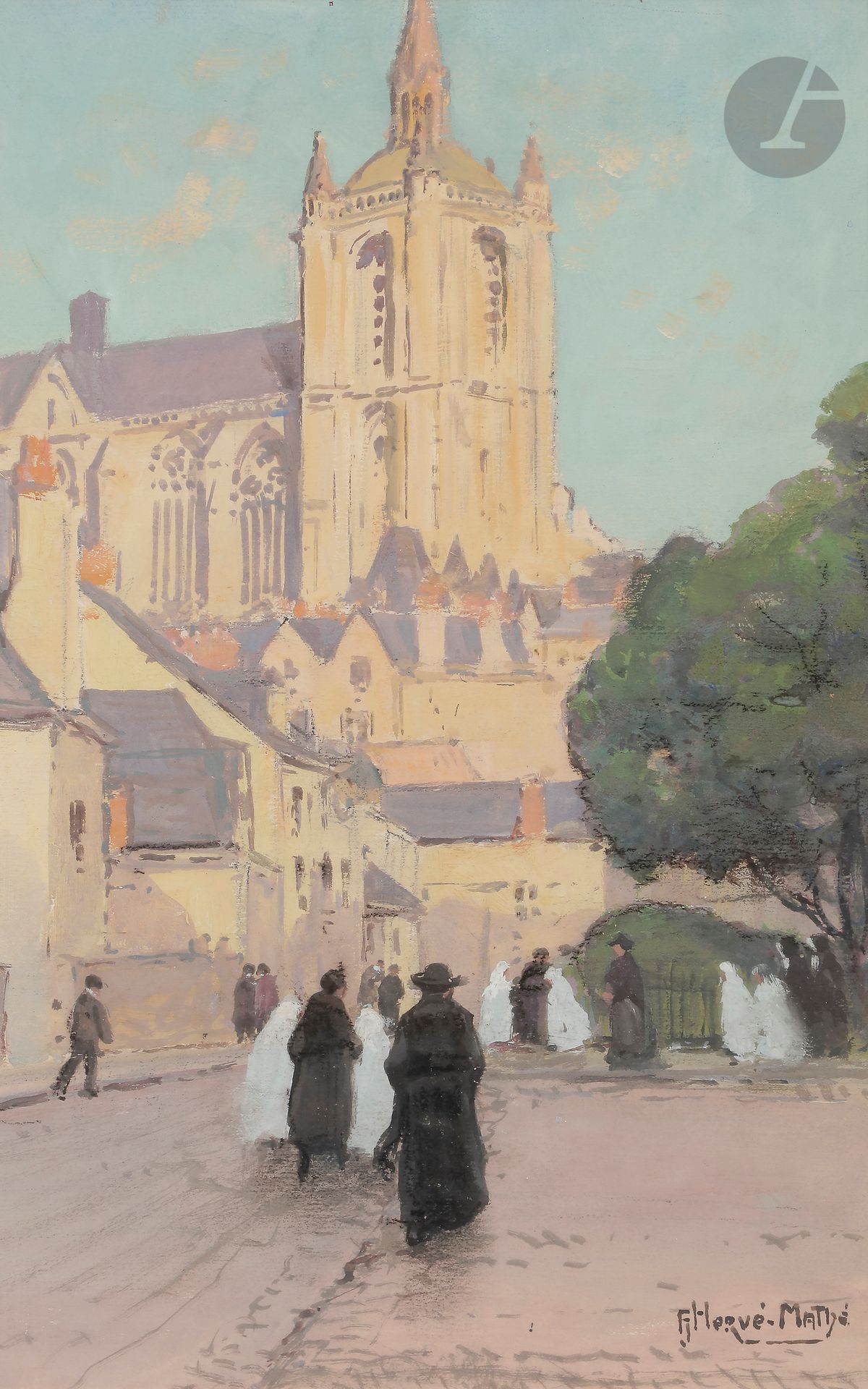 Jules Alfred HERVE-MATHE (1868-1953)
Le Mans, rue animée et la Cathédrale
Gouache.
Signée en bas à droite.
39 x 25 cm
