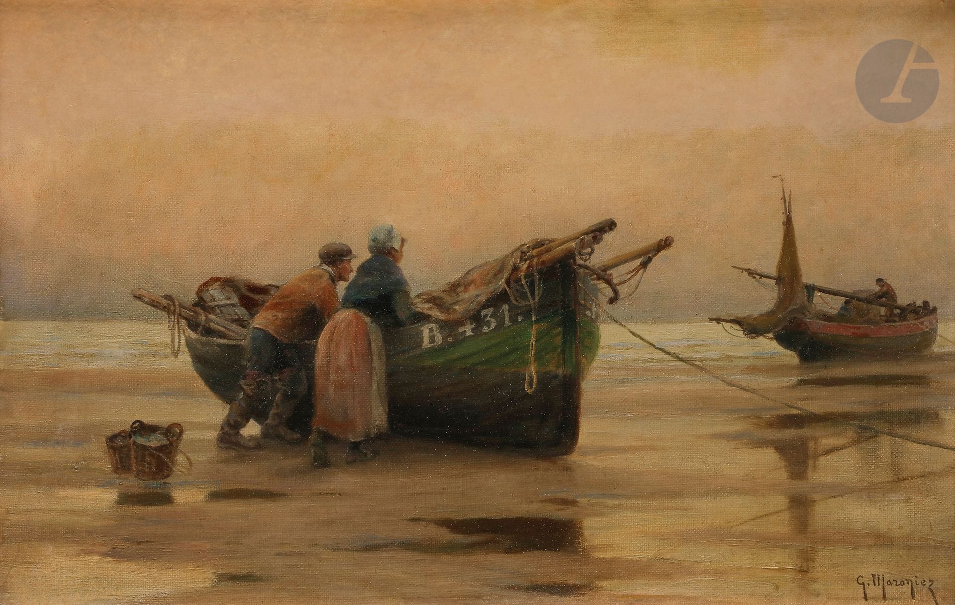 Georges Philibert MARONIEZ (1865-1933)
Soir au Portel
Huile sur carton toilé.
Signée en bas à droite.
27 x 41 cm

Œuvre en rapport :
Jacques Maroniez, Gérard Lanvin, Catalogue Raisonné des œuvres de Georges Philibert Charles Maroniez, (1865-1933), Josse-sur-Mer, 1999, n° B86, p. 69.