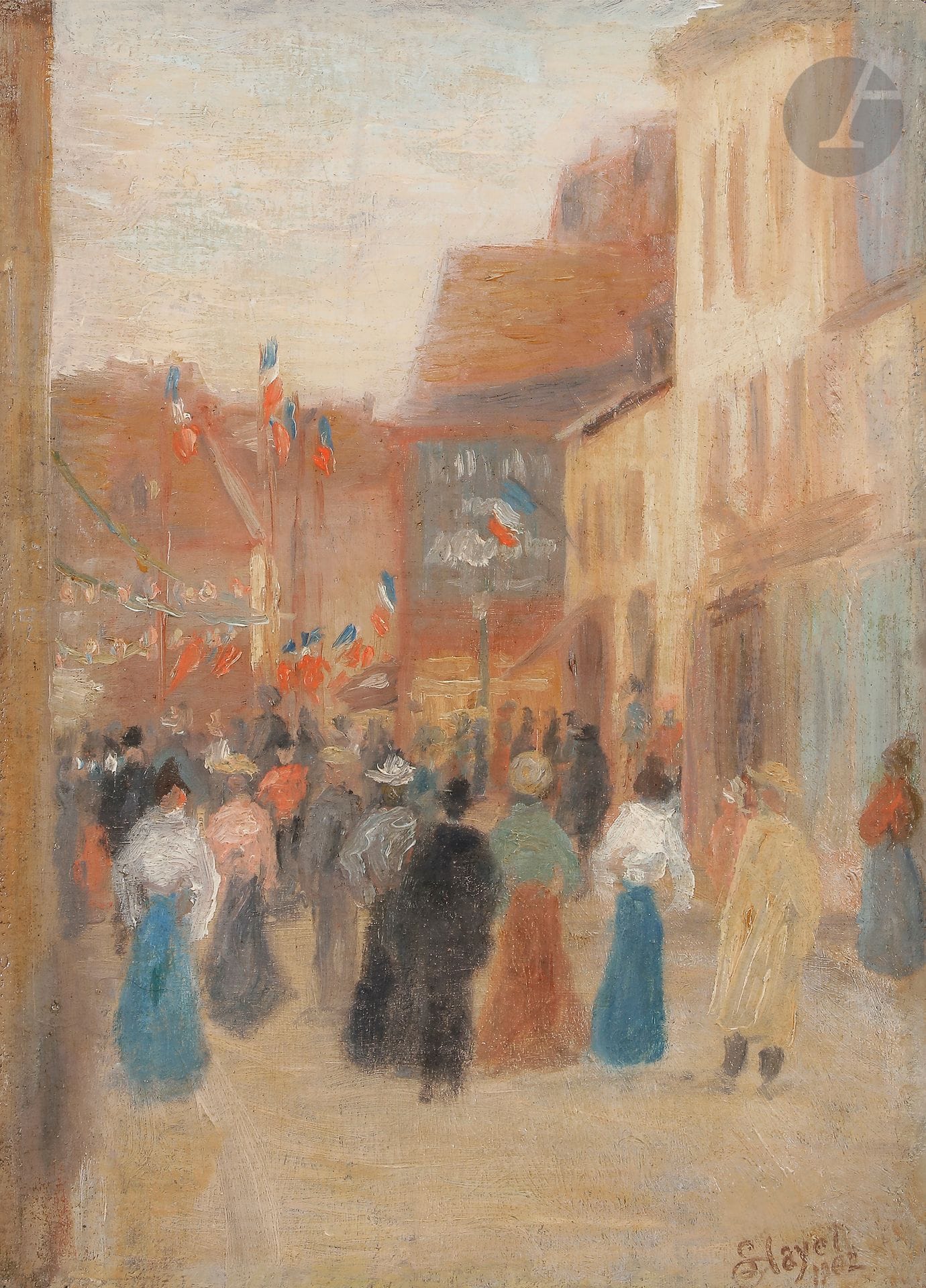Louis HAYET (1864-1940)
Rue animée le 14 juillet, 1902
Huile sur toile.
Signée et datée en bas à droite.
33 x 23,5 cm

Cette œuvre sera incluse au Catalogue Raisonné de Louis Hayet commencé par Guy Dulon et actuellement poursuivi actuellement par Monsieur Christophe Duvivier.
