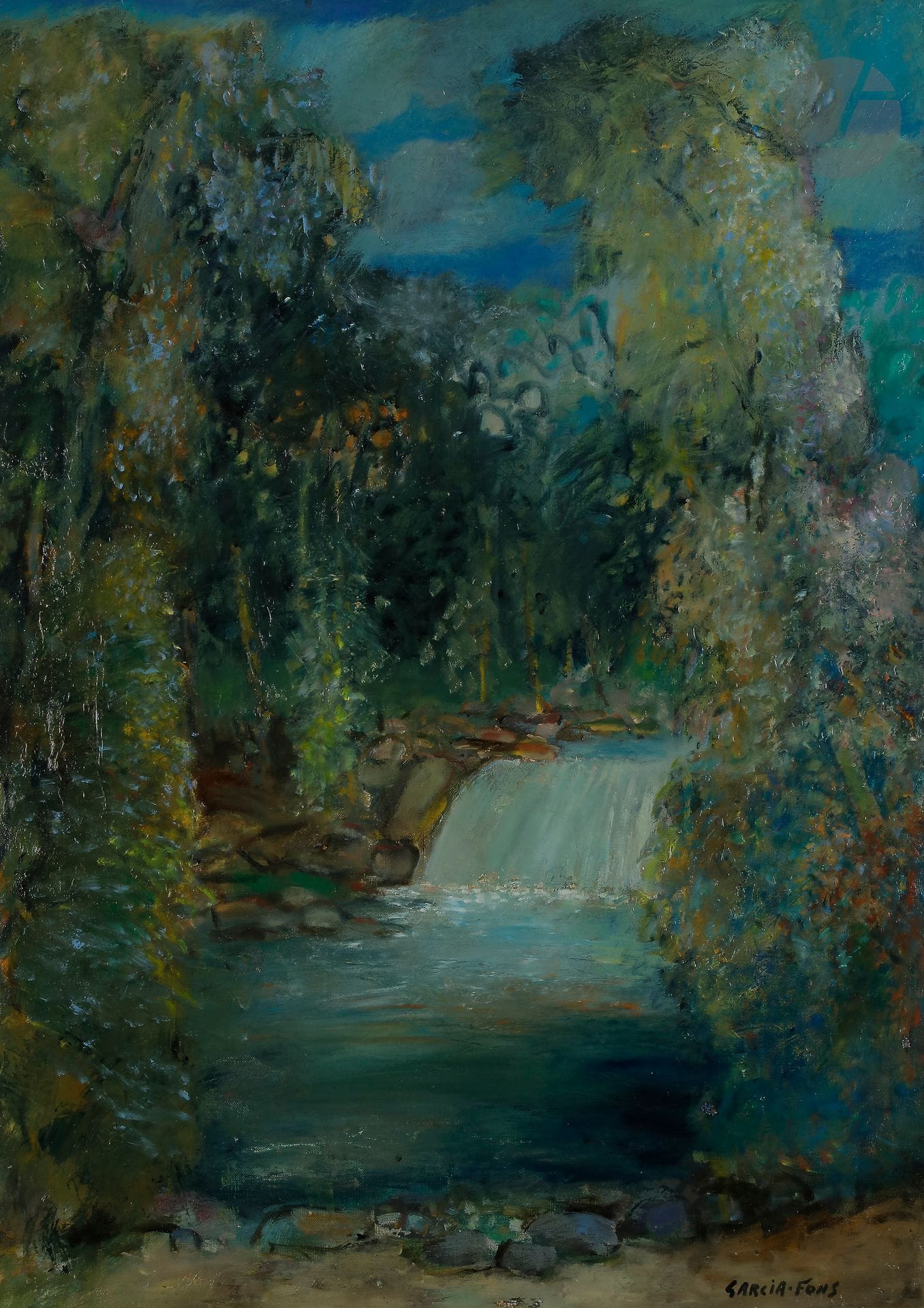 Pierre GARCIA-FONS (1928-2016)
La Cascade
Huile sur toile.
Signée en bas à droite.
Signée et titrée au dos.
92 x 75 cm