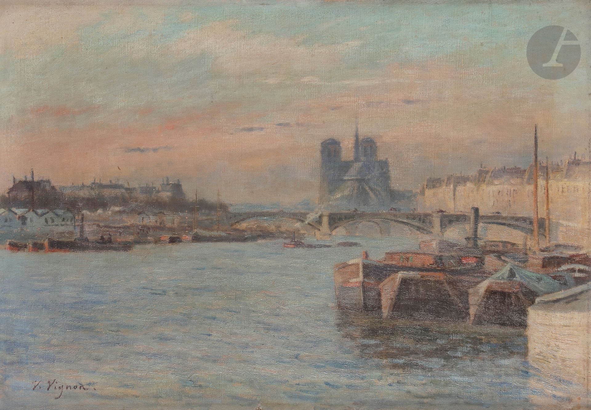 Victor VIGNON (1847-1909)
Paris, Le Chevet de Notre-Dame depuis la Seine
Huile sur toile.
Signée en bas à gauche.
33 x 41 cm