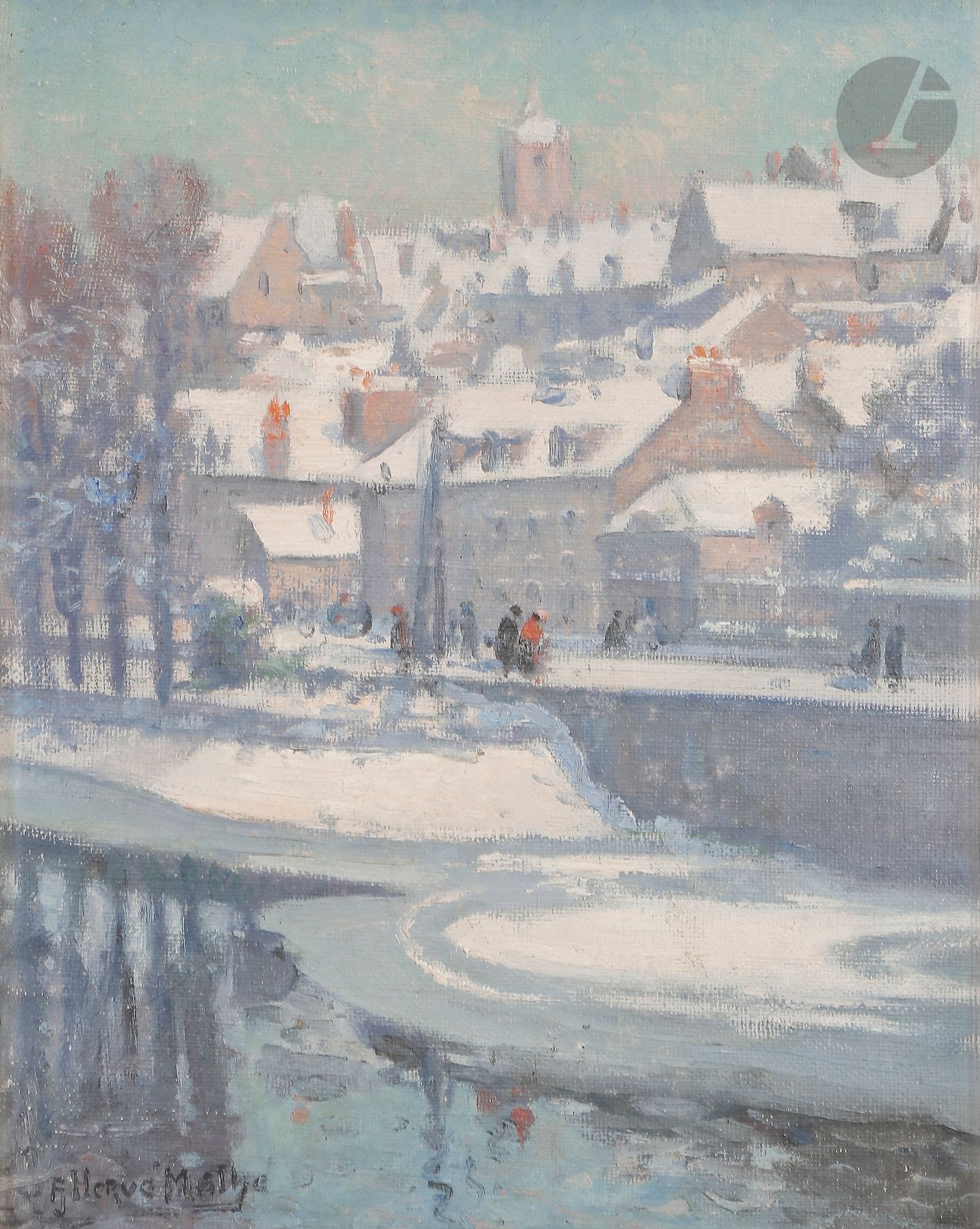 
Jules Alfred HERVE-MATHE (1868-1953)



Le Mans sous la neige, bords de la Sarthe et quai Louis Blanc



Huile sur carton toilé.



Signée en bas à gauche.



27 x 22 cm





Exposition : 



Exposition rétrospective J. A. Hervé-Mathé, Abbaye de l'Épau, 1989, n° 3 (étiquette au dos).
