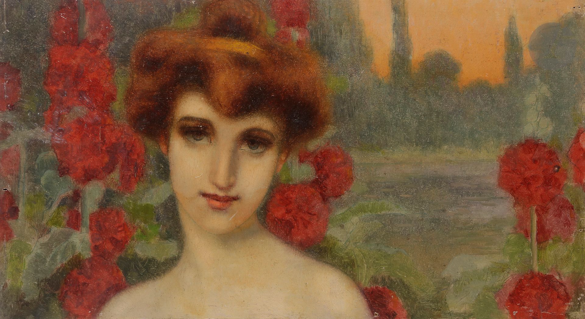 ÉCOLE MODERNE
Portrait de jeune femme aux fleurs
Huile sur panneau.
22 x 39 cm