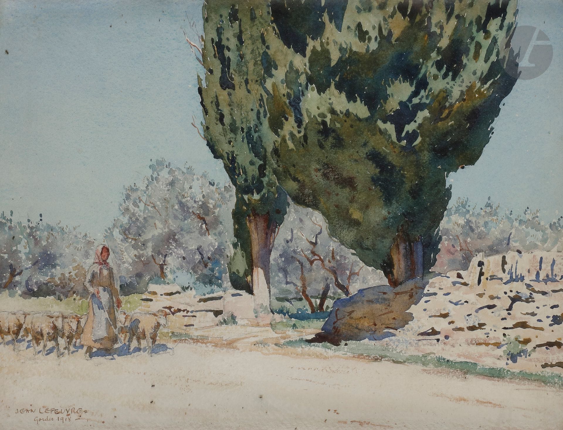 Jean LEFEUVRE (1882-1975
)Gordes, shepherdess on the road, 1918Watercolour
.
Signed, dated and located lower left.
27 x 37.5 cm



