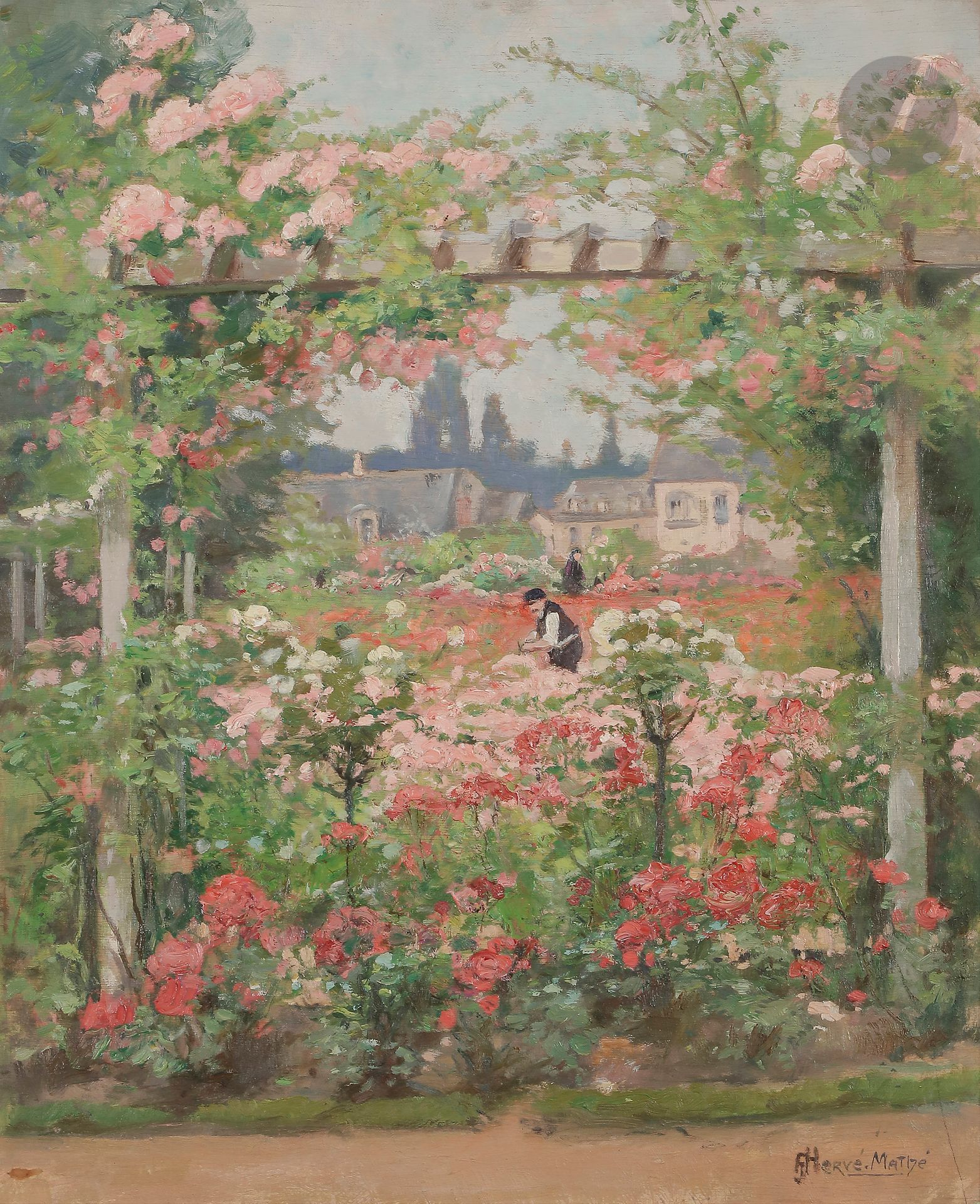 Jules Alfred HERVE-MATHE (1868-1953)
La Roseraie, Jardin des plantes, Le Mans, vers 1938
Huile sur panneau.
Signée en bas à droite.
Signée, datée et titrée au dos.
64 x 53 cm