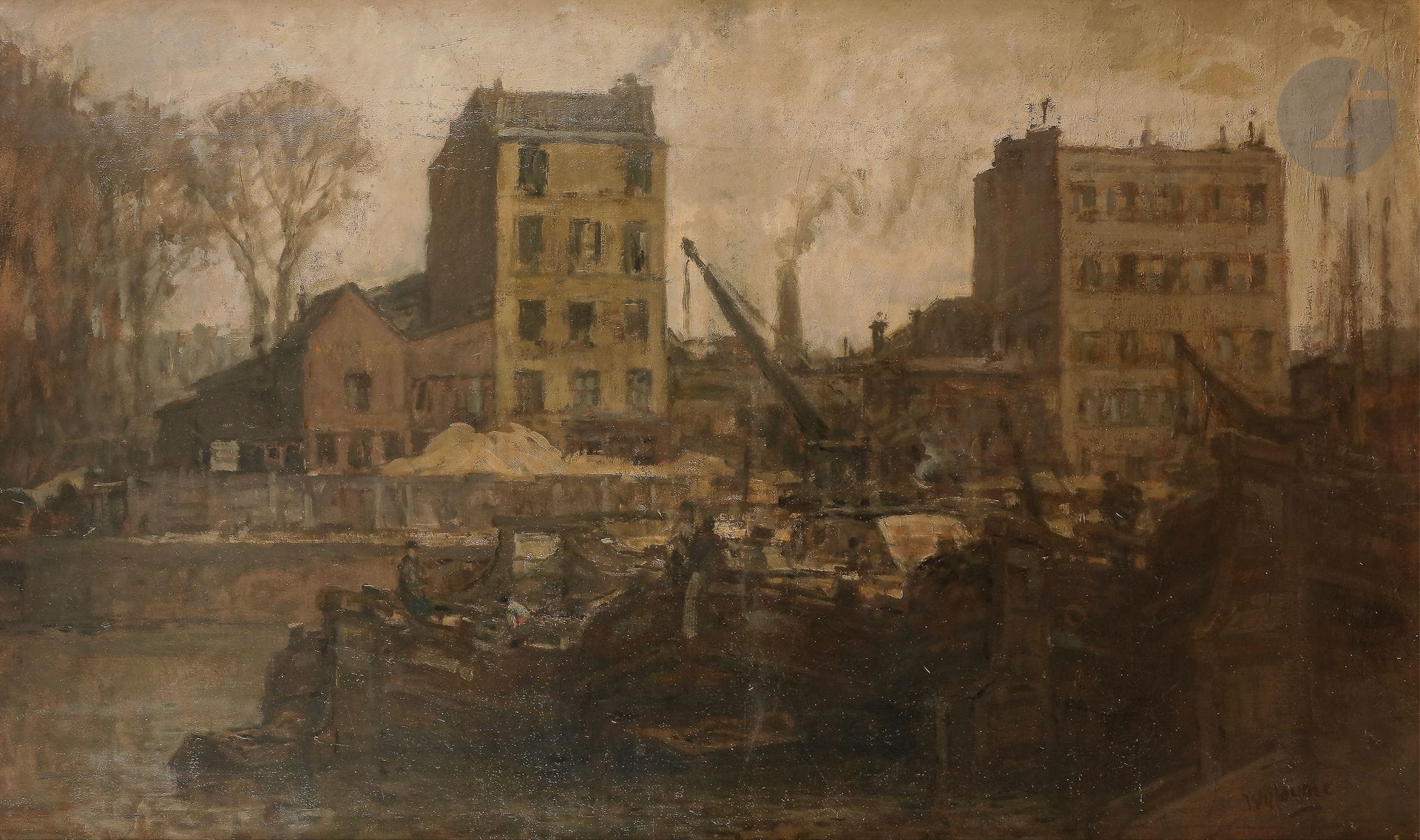 Louis WILLAUME (1874-1949)
Paris, la Villette, canal de l'Ourq
Huile sur toile.
Signée en bas à droite.
(Restaurations).
81 x 130 cm