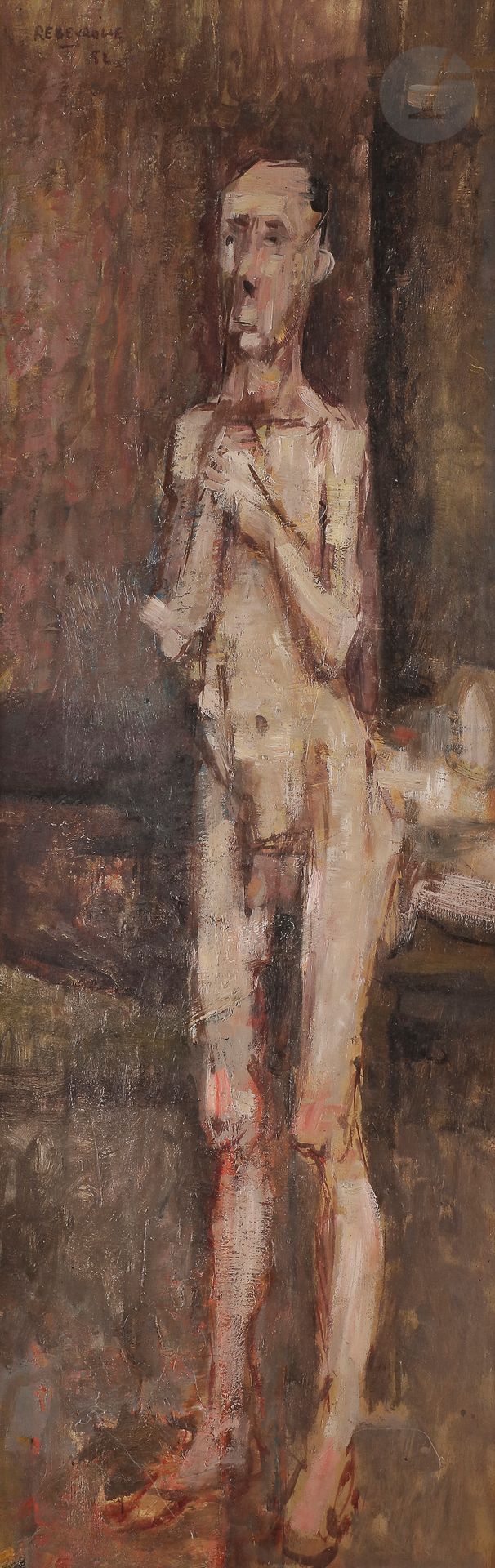 Paul REBEYROLLE (1926-2005)
Nu debout, 1952
Huile sur panneau.
Signée et datée en haut à gauche.
88 x 30 cm

Exposition : 
Galerie La Boétie, Paris, 1952.

Provenance : 
Succession Isis Kischka.

Nous remercions Madame Nathalie Rebeyrolle, fille de l'artiste et présidente de l'Espace Paul Rebeyrolle pour les informations qu'elle nous a transmises. Cette œuvre sera prise en compte pour le Catalogue Raisonné en cours de préparation.