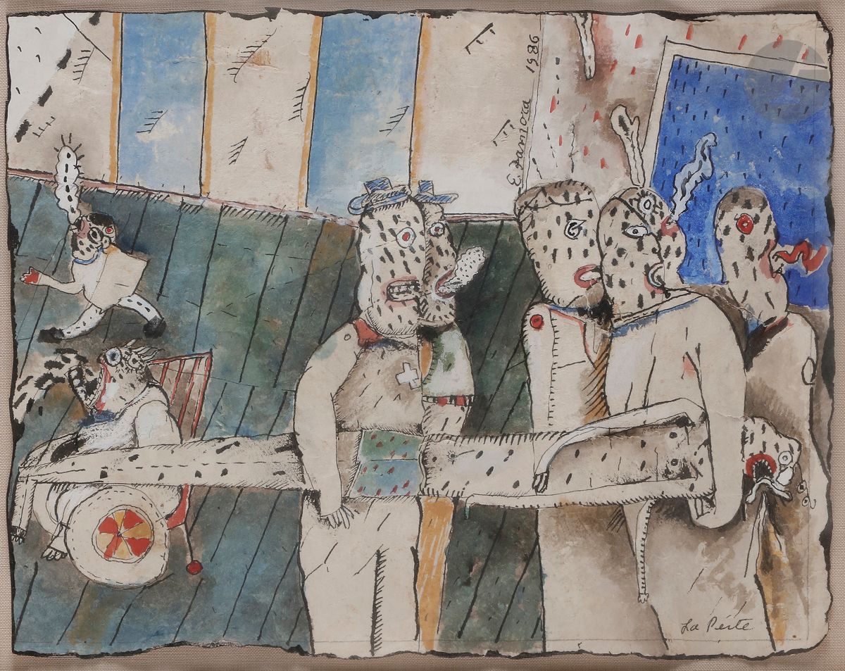 Eduardo ZAMORA (né en 1942)
La Peste I, 1986
Encre et aquarelle.
Signée, datée et titrée dans la composition.
18,5 x 25 cm