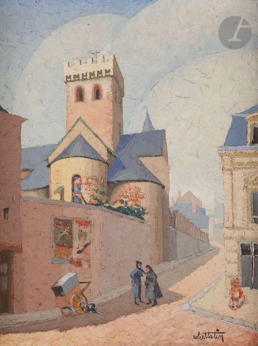 Robert TATIN (1902-1983)
Rue de village animée
Huile sur toile.
Signée en bas à droite.
Signée et dédicacée au dos sur le châssis.
61 x 46 cm