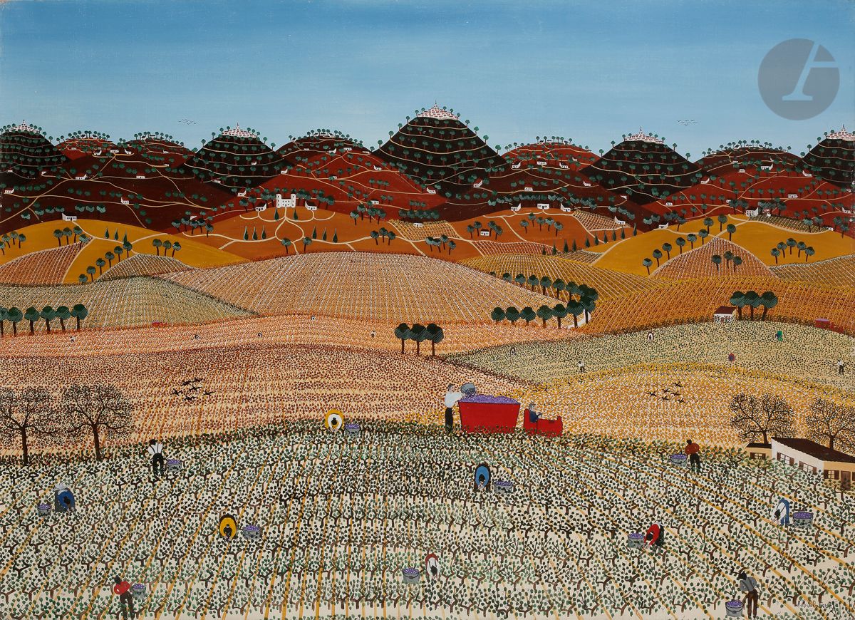 Anne-Marie SABATIER (née en 1947)
Les Vendanges, 1979
Huile sur toile.
Signée et datée en bas à droite.
73 x 100 cm
