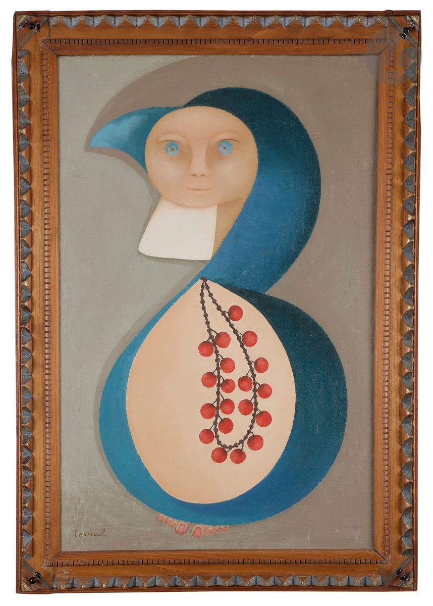 Louis CARMEIL (1920-1999)
Femme au collier de cerises, vers 1970
Huile sur toile.
Signée en bas à gauche.
Dans son encadrement d’origine réalisé par l’artiste.
92 x 60 cm