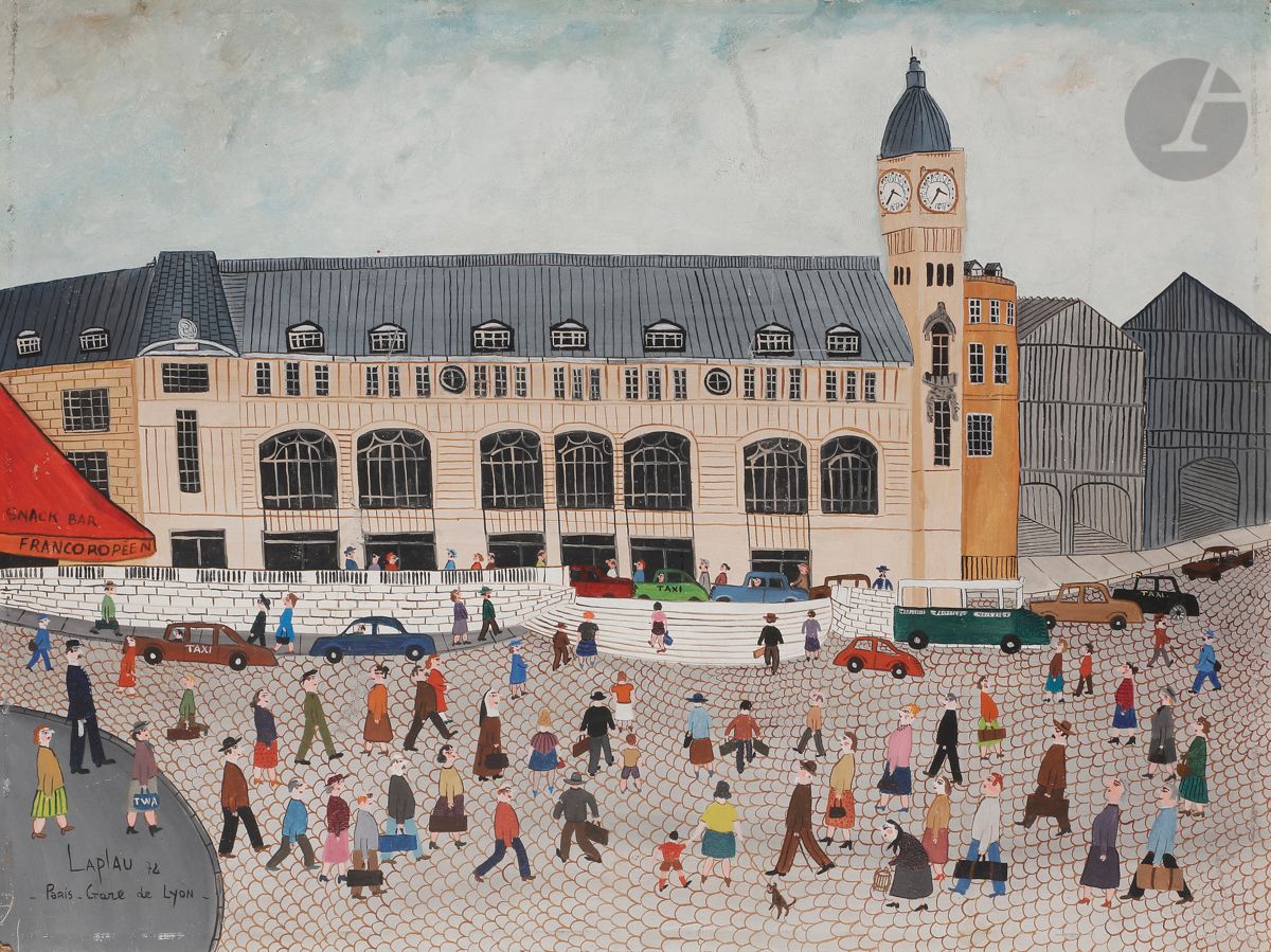 Gérard LAPLAU (né en 1938)
Paris, Gare de Lyon, 1972
Huile sur isorel.
Signée, datée et titrée en bas à gauche.
(Petits manques).
40 x 53 cm