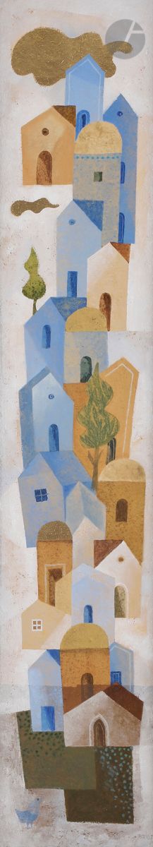 Sami BRISS (né en 1930)
Village perché
Huile et peinture or sur panneau.
Signée en bas à droite.
88 x 17 cm