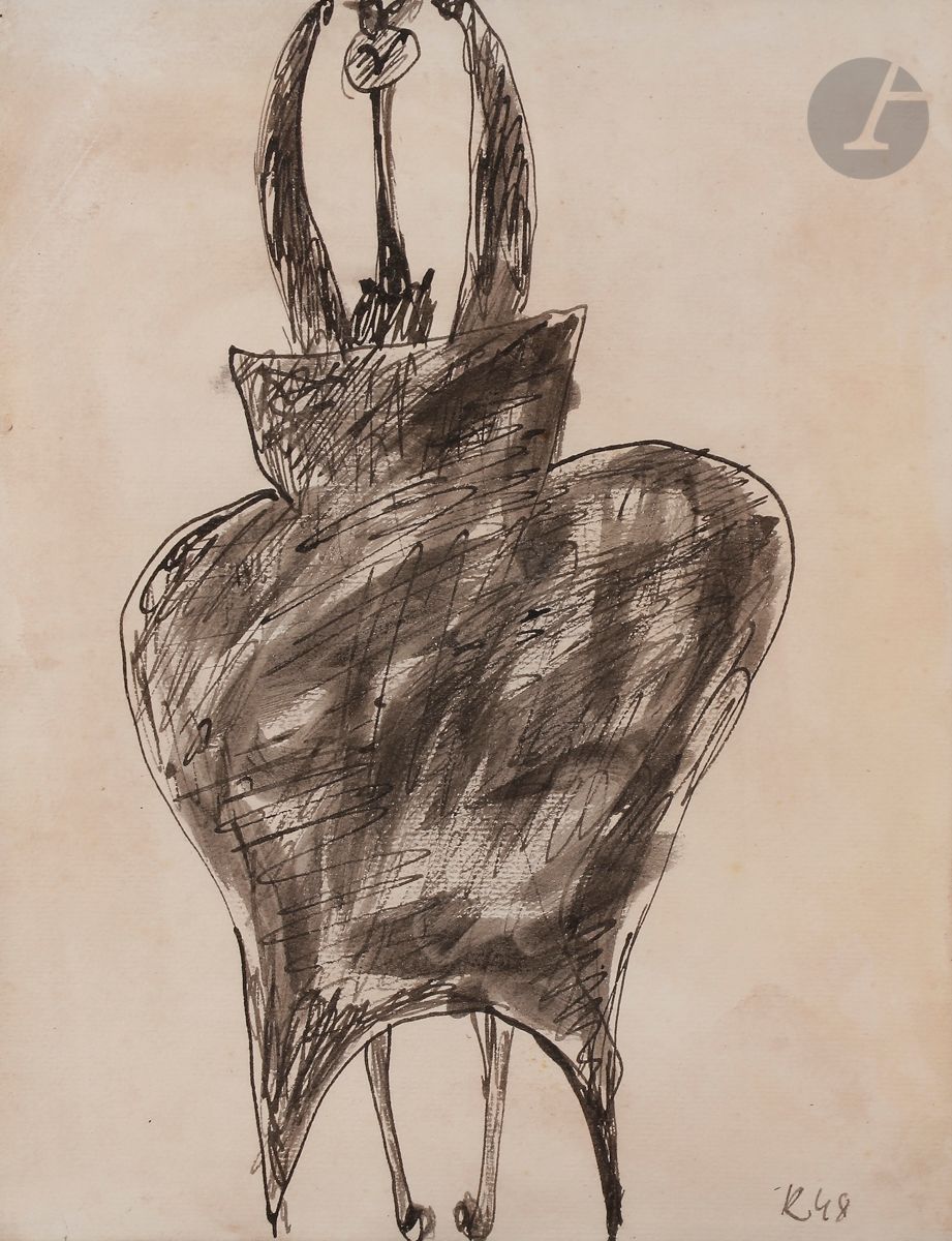 Jan KRIZEK [tchèque] (1919-1985)
Personnage, 1948
Encre sur papier monté sur panneau par l’artiste
Monogrammée et datée en bas à droite.
Signée au dos sur le panneau de bois.
25 x 20 cm

Provenance :
Famille du peintre Pierre Jaouën, ami de Jan Krizek.

Bibliographie - Œuvre en rapport : 
Anna Pravdova, Jan Krížek : Chez moi, l’homme ne doit jamais disparaître, Éditions Frac Limousin, 2015, n°112, p.77.

On joint : Sculptures de Krížek, Catalogue de l’exposition à la Galerie René Drouin, Paris, 1948.
