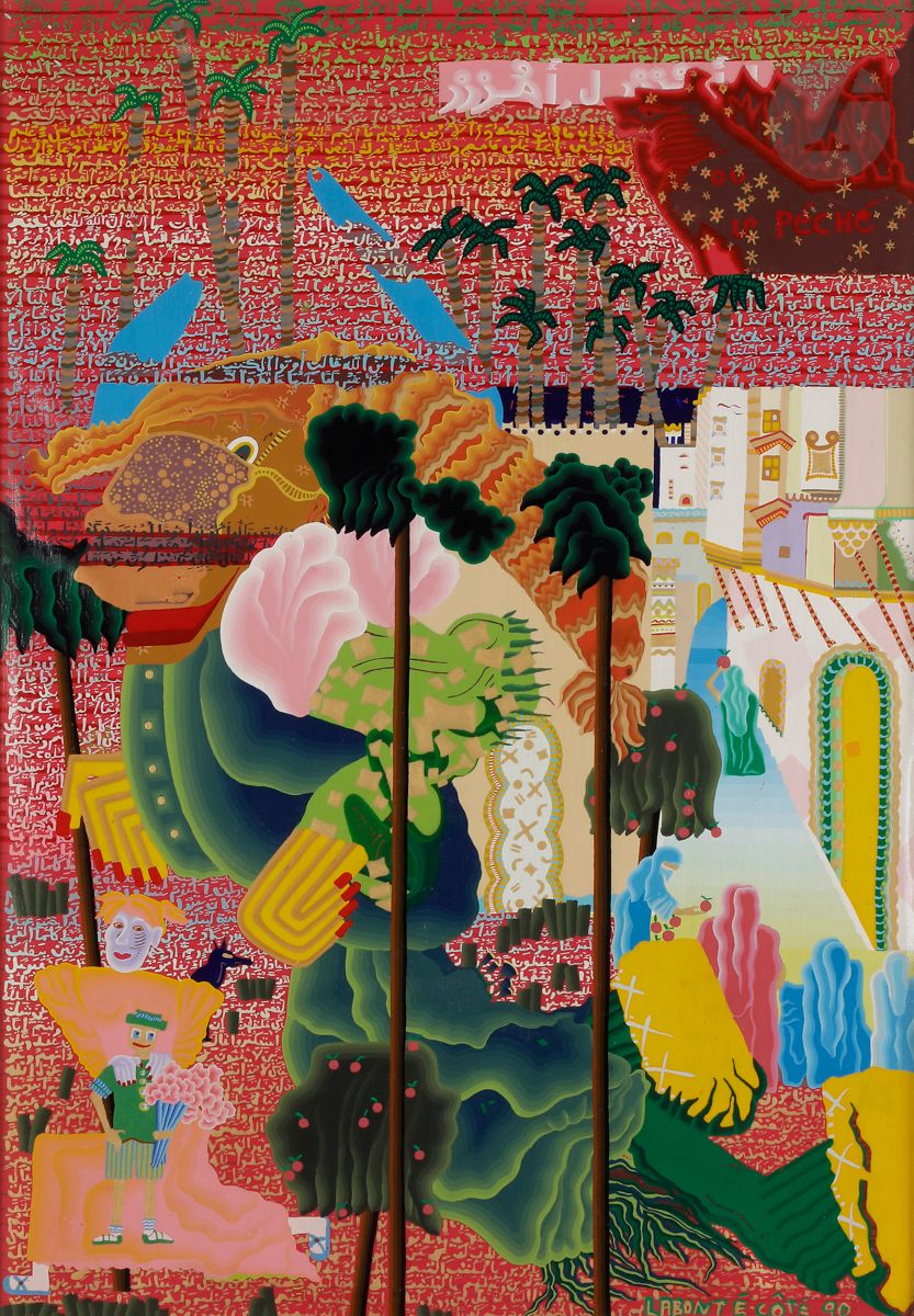 Claire LABONTE-COTE (XXe-XXIe siècle)
Le Pêché, 1990
Huile et collage sur toile non montée.
Signée et datée en bas à droite.
Titrée dans la composition.
96 x 67 cm