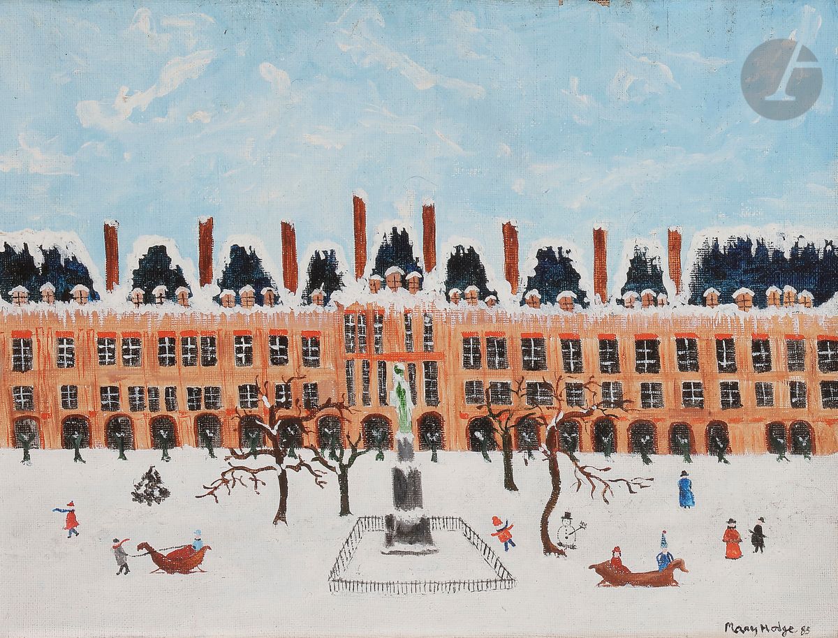 Mary HODGE (born 1936
)Snowy Place, 1985Oil
on canvas.
Signed and dated lower right.
(Small damages on the edges).
27 x 35 cm




