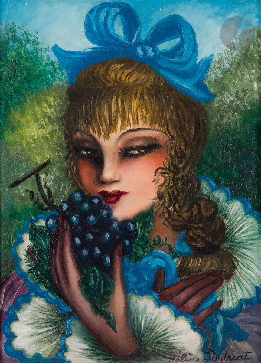 Hélène PERDRIAT (1894-1969)
Portrait de jeune femme à la grappe de raisin
Huile sur carton.
Signée en bas à droite.
32 x 23 cm