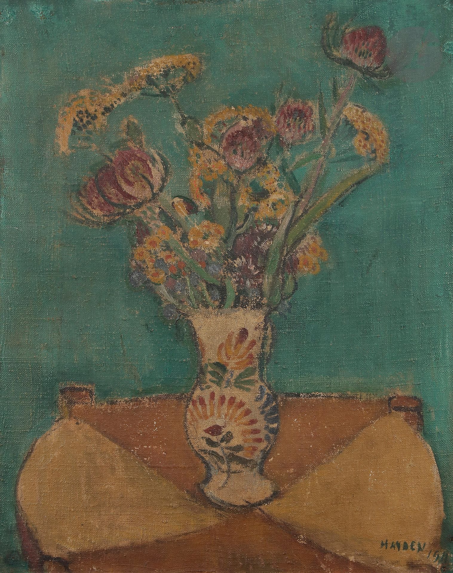 Henri HAYDEN (1883-1970)
Vase de fleurs, 1911
Huile sur toile.
Signée et datée en bas à droite.
(Usures et petits manques).
50 x 40 cm

Un certificat du Comité Henry Hayden (SCOHH) en date du 3 mai 2021 sera remis à l’acquéreur.