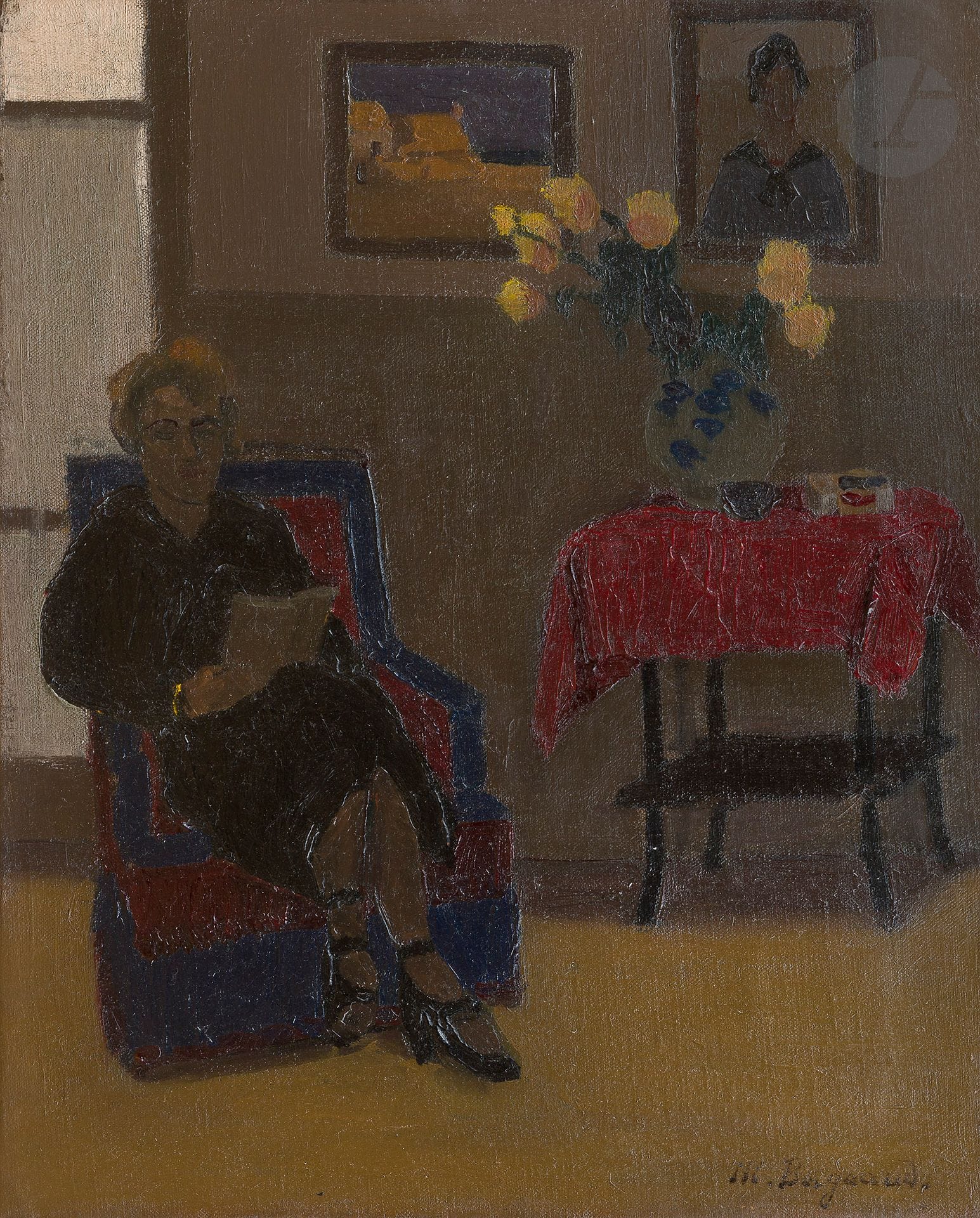 Marius BORGEAUD (1861-1924)
Femme lisant, vers 1921
Huile sur toile.
Signée en bas à droite.
41 x 33 cm

Provenance :
- Galerie Rodrigues-Henriques, Paris.
- Vente Maître Baudoin, Hôtel Drouot, Paris, 1928, n°73.

Bibliographie :
Bernard Wyder avec la collaboration de Jacques Dominique Rouiller, Marius Borgeaud : l’homme, l’œuvre 1861-1924 : Catalogue Raisonné, Lausanne, La Bibliothèque des Arts, 1999, reproduit p. 163 sous le numéro 260.

Le vase sur cette toile figure également dans la Nature Morte n°207 du Catalogue Raisonné reproduit p. 137. La lectrice se trouve dans le dernier appartement de l’artiste, 43 rue Lamarck à Paris.

 Nous remercions Monsieur Jacques Dominique Rouiller pour les informations qu’il nous a transmises.