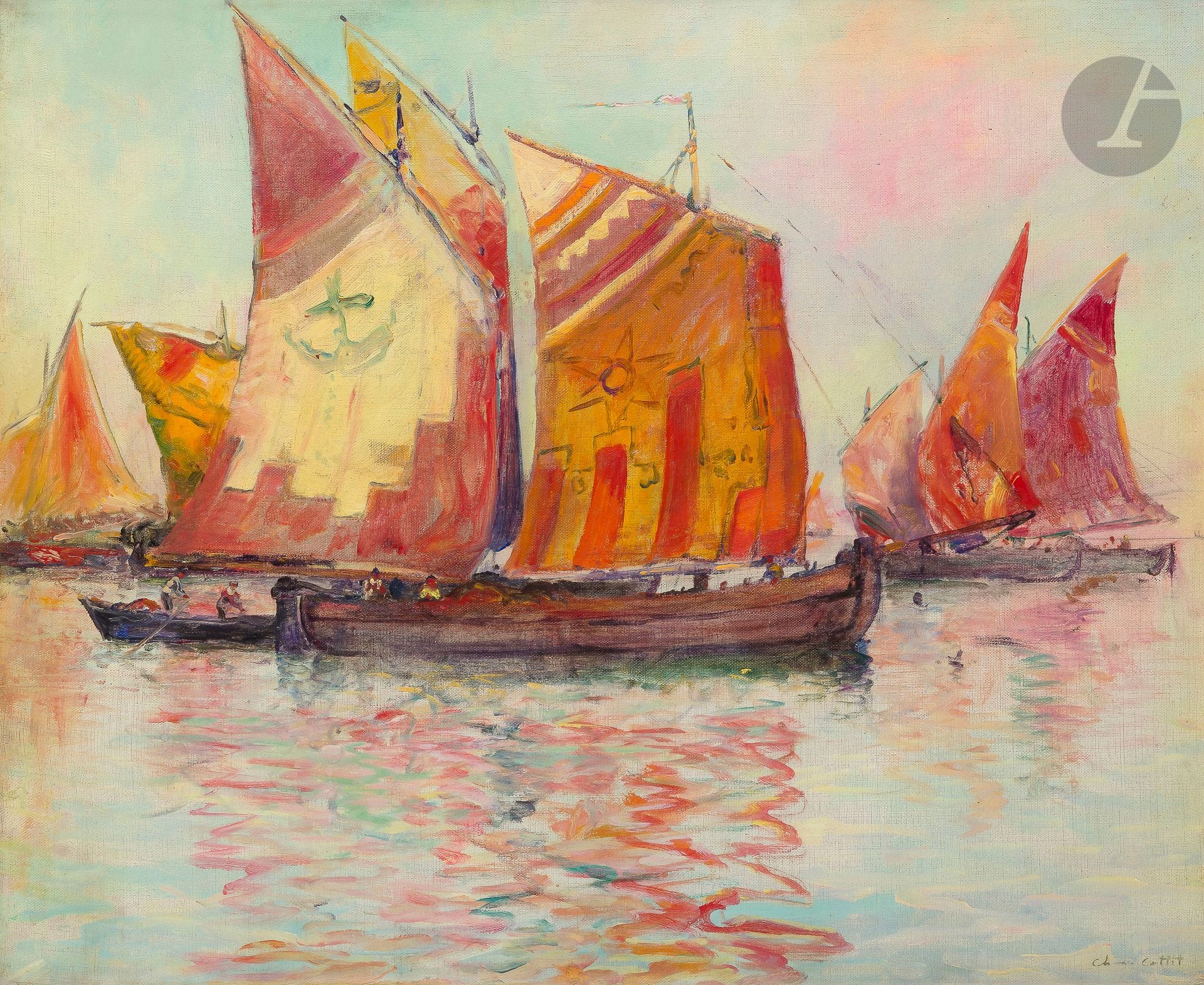 Charles COTTET (1863-1944)
Voiles sur la lagune à Chioggia
Huile sur toile.
Signée en bas à droite.
60 x 73 cm
