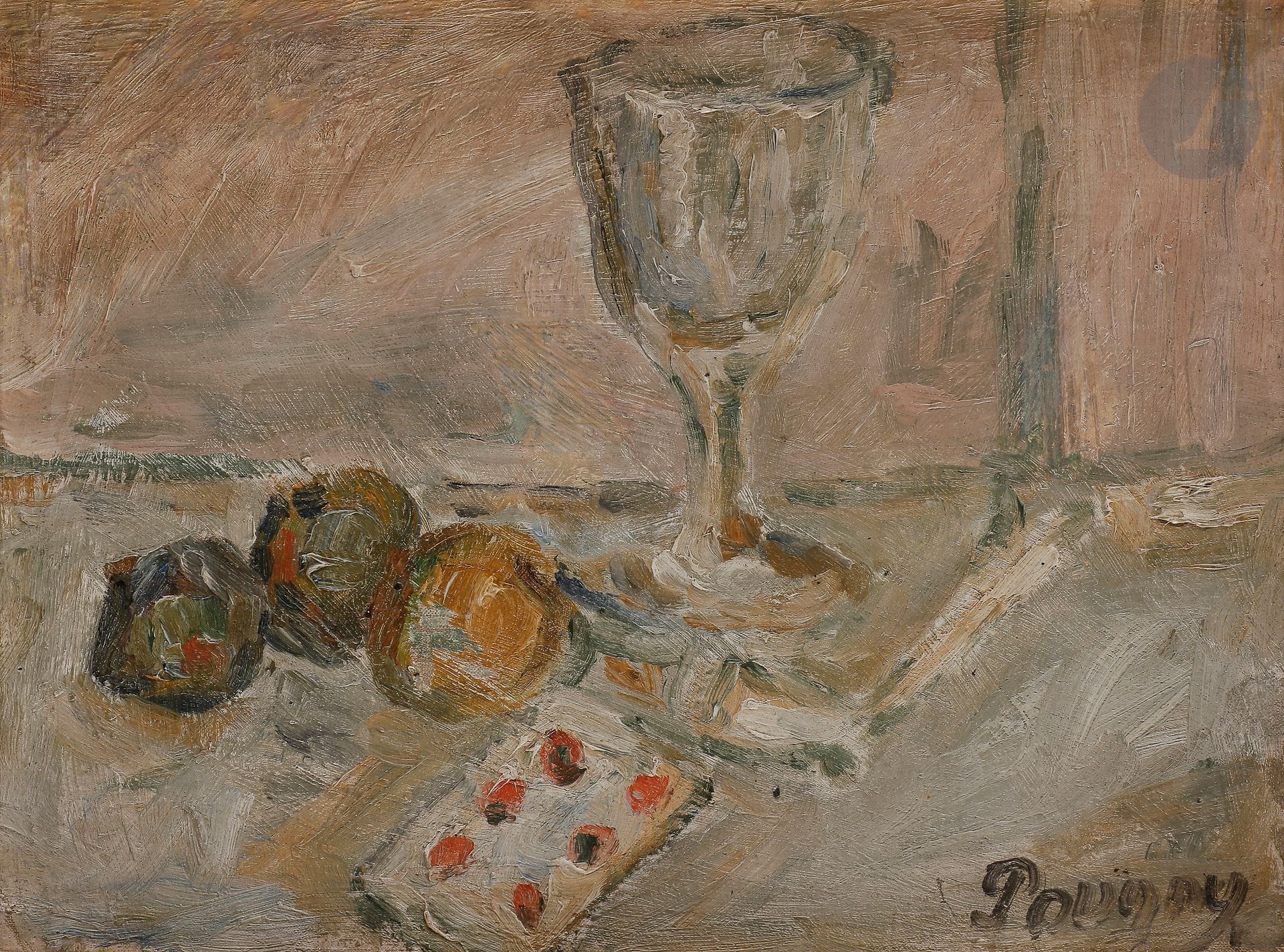 Jean Puni dit POUGNY (1892-1956
)Oranges, glass and playing cards, circa 1928-29Oil
on canvas.
Signed lower right.
Numbered "165 B" on the back in black ink.
22 x 29 cmProvenance

: 
Estate of Madame X., Neuilly-sur-Seine.

Bibliography: 
Herman Berninger, Jean-Albert Cartier, Jean Pougny 1892-1956, Catalogue of the Work, Volume 2: Paris - Côte d'Azur, 1924-1956, Paintings, Tübingen, Ernst Wasmuth Publishers, 1992, reproduced on p. 120 under no. 412.

This work bears the archive number: 404-165 B


.









