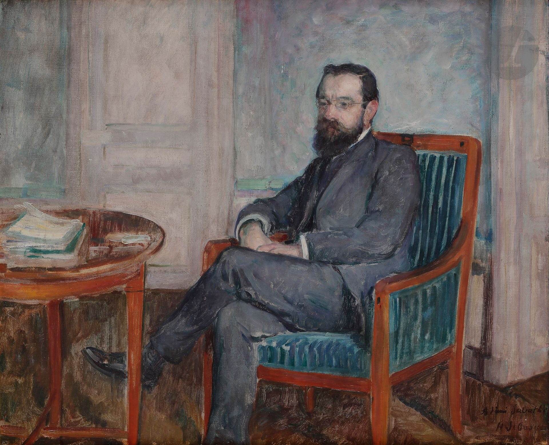 Henri LEBASQUE (1865-1937)
Monsieur Sabathé assis près d’un guéridon
Huile sur toile.
Signée et dédicacée « à l’ami Sabathé » en bas à droite.
50 x 61 cm

Bibliographie : 
Denise Bazetoux, Henri Lebasque, Catalogue raisonné, Tome I, Arteprint, 2008, reproduit p. 213 sous le numéro 767.