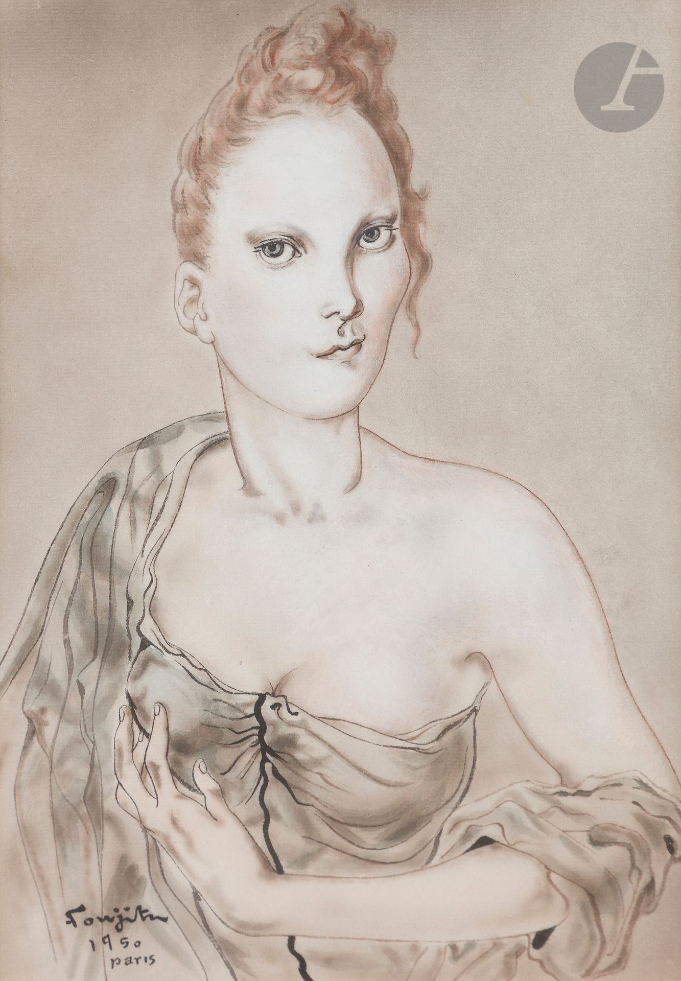 Léonard Tsuguharu FOUJITA (1886-1968)
Jeune femme au décolleté, 1950
Encre, aquarelle et gouache blanche.
Signée, datée et située « Paris » en bas à gauche.
23,5 x 15,5 cm

Bibliographie : 
Sylvie et Dominique Buisson, Léonard-Tsuguharu Foujita, Sa vie, son Œuvre, Catalogue Raisonné de l’Œuvre, Volume 2, Paris, ACR Édition internationale, 2001, reproduit p. 392 sous le n° 50.150.