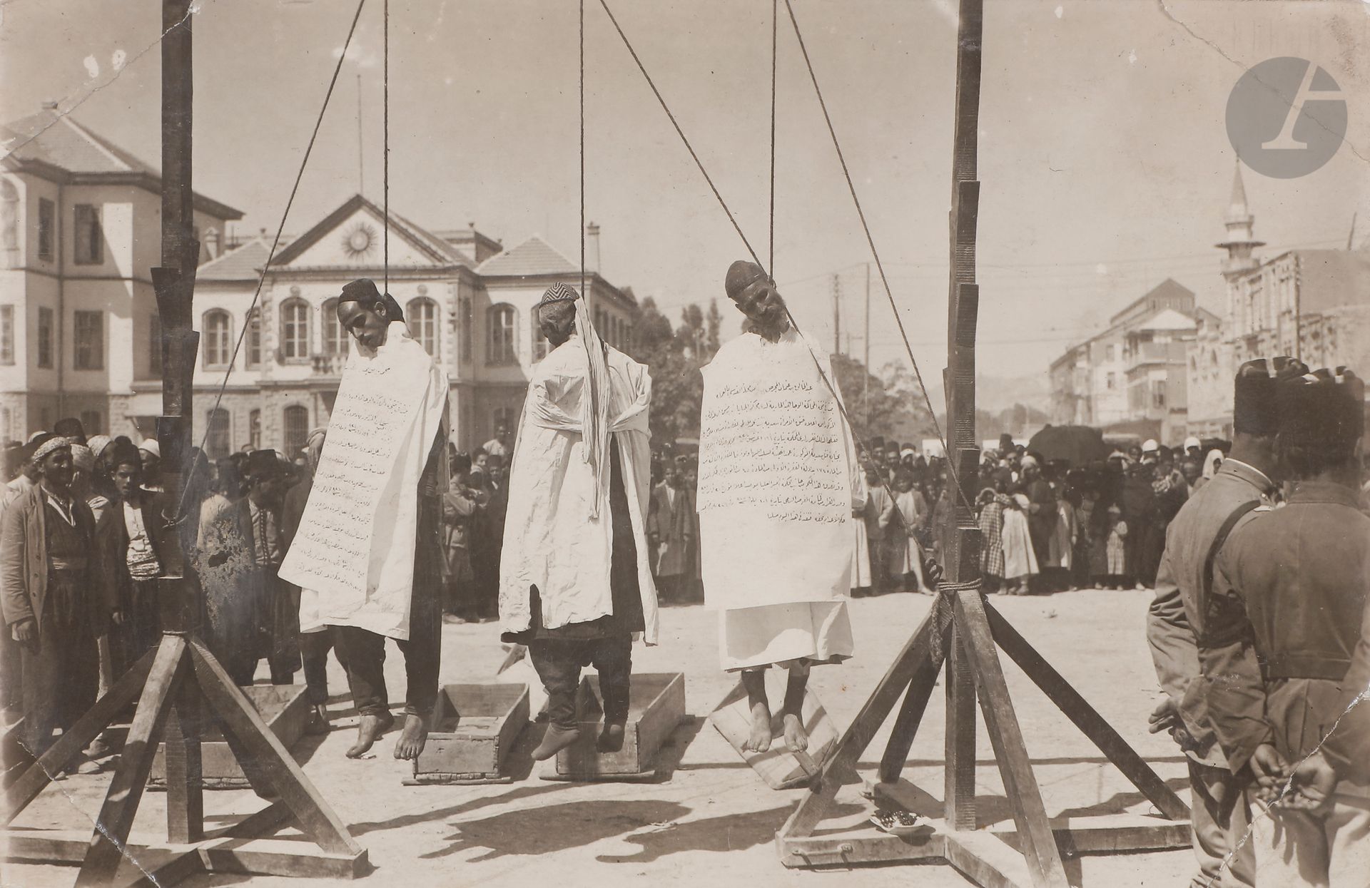 Photographe amateur militaire (M. Vasseur) et divers
Syrie, c. 1924-1926. 
Grande révolte syrienne (ou révolte druze). 
Ghazali. Damas. Arrivée des chars d’assaut devant prendre part au Djébel el-Druze. Hama. Navire Le Lotus. Homs. Spahis. Services vétérinaires. Izra. Train blindé en gare. Ravitaillement de Soueïda. Alep. Prisonniers druzes. Cadavres. Campements. Caravane dans le désert. Soldats. Exécution de trois bandits. Revue des troupes. Décoration du général Gamelin. Décoration du fanion de la Légion étrangère. Colonel Marquet. Constantinople. Bosphore. Pointe de Sérail. Gare des chemins de fer orientaux. 
62 épreuves argentiques d’époque au format carte postale. Quelques annotations manuscrites aux versos et légendes dans les négatifs. 
Format moyen : 9 x 14 cm

On joint 103 cartes postales anciennes sur la Syrie, Palestine, Chypre, Turquie.

Amateur military photographer (M. Vasseur) and others
Syria, c. 1924-1926. 
Great Syrian revolt (or Druze revolt). 
Ghazali. Damascus. Arrival of tanks to take part in the Djebel el-Druze. Hama. The Lotus ship. Homs. Spahis. Veterinary services. Izra. Armoured train in station. Supply of Soueïda. Aleppo. Druze prisoners. Dead bodies. Camps. Caravan in the desert. Soldiers. Execution of three bandits. Review of the troops. Decoration of General Gamelin. Decoration of the Foreign Legion pennant. Colonel Marquet. Constantinople. Bosphorus. Point of Serail. Oriental Railway Station. 
62 vintage gelatin silver prints in postcard dimensions. A few handwritten annotations on verso and captions in the negatives. 
Average size: 9 x 14 cm

Included 103 old postcards of Syria, Palestine, Cyprus, Turkey.