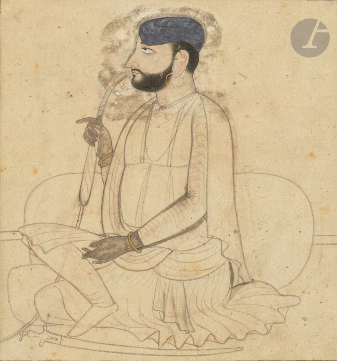 Portrait d’homme assis fumant une huqqah, dans le style de Purkhu, Inde du Nord, Région Pahari, Kangra, vers 1790-1810
Crayon et aquarelle sur papier.
13 x 12 cm
Cadre.

Provenance :
Collection Yves Porter. 

A study of a turbaned man smoking a huqqa, style of Purkhu, North India, Pahari Region, Kangra, circa 1790-1810

Provenance : Collection Marie-Christine David.