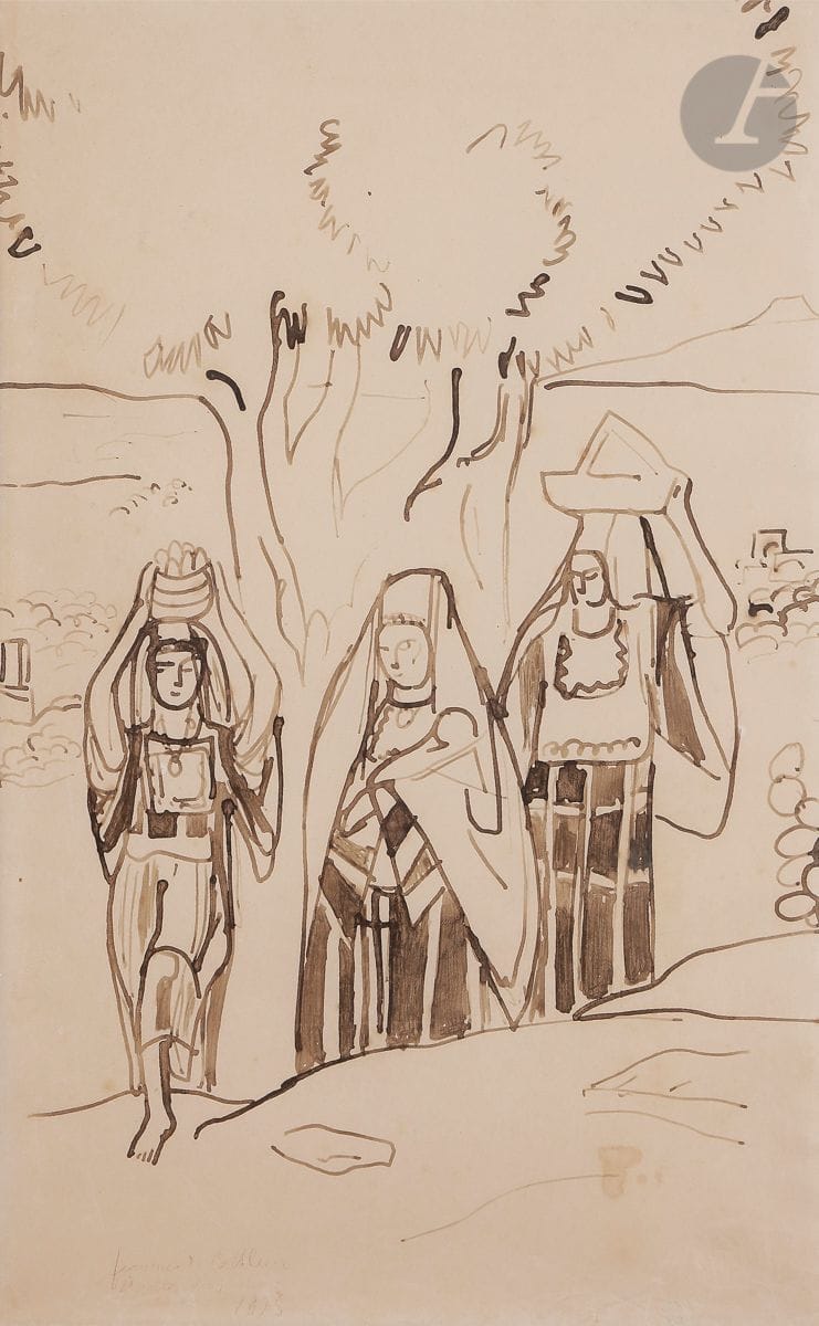 École orientaliste
Femmes de Bethléem, 1893
Encre.
Titrée et datée en bas à gauche.
35 x 22 cm

