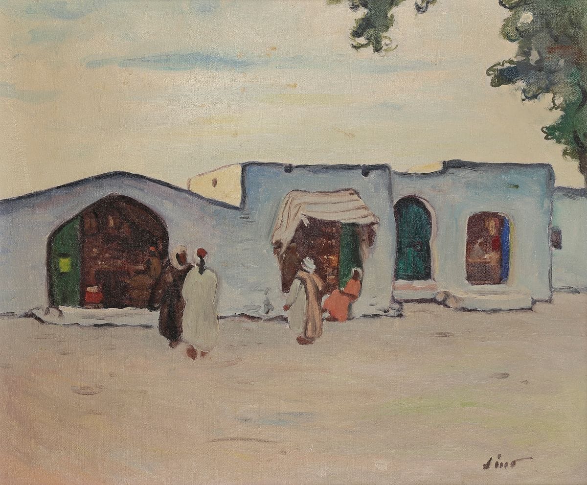 Gustave LINO (1893-1961)
Village algérien animé
Huile sur toile.
Signée en bas à droite.
46 x 55 cm

