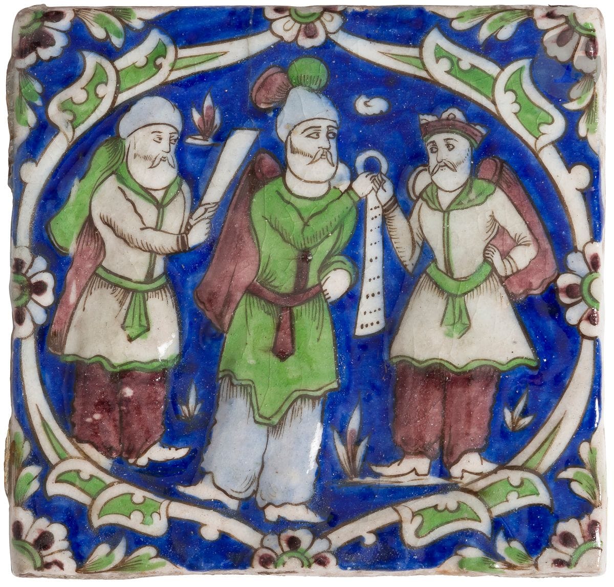 
Pair of tiles with figures, Iran qajar, 19th century

Square siliceous paste tiles with polychrome painted and moulded decoration under transparent glaze, each one representing in a plant medallion a group of three characters, sovereigns and religious, from ancient Iran.

17 x 17 cm and 16.5 x 17 cm

Two chips on the edge of one of the two tiles. 



Two polychrome square pottery tiles, Qajar Iran, late 19th century




