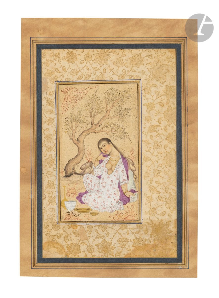 Young woman languishing under a tree, Iran qajâr, in the Safavid style, 19th century, falsely attributed to Reza Abbasi (kar reza abbassi ast
)Gouache and gold on an album page depicting a woman seated in a landscape, a tree in the background, lightly dressed in a white floral dress with a prominent neckline, a purple stole on her shoulders, in front of a few pieces of crockery placed on the ground. In the lower left corner, an inscription in black ink in nasta'liq calligraphy giving in Persian "kar reza abbassi ast" / "made by Reza e-Abbassi", thus falsely attributing the painting to the great official painter of the court of the Safavid sovereign Shah Abbas I. Mounted in a gold illuminated floral margin extending all around and surrounded by several blue and gold frames.
Miniature size: 15.5 x 8.9 cm; page: 29.2 x 20.2 cm
. 

A reclining lady, Qajar Iran, in the Safavid style, 19th century






