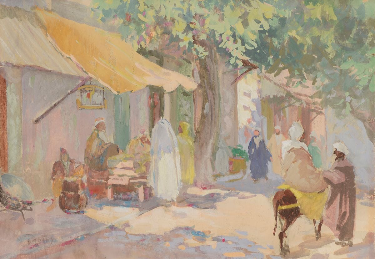 Henri-Jean PONTOY (1888-1968)
Rue orientale animée
Gouache.
Signée en bas à droite.
(Petite déchirure).
33 x 46,5 cm

