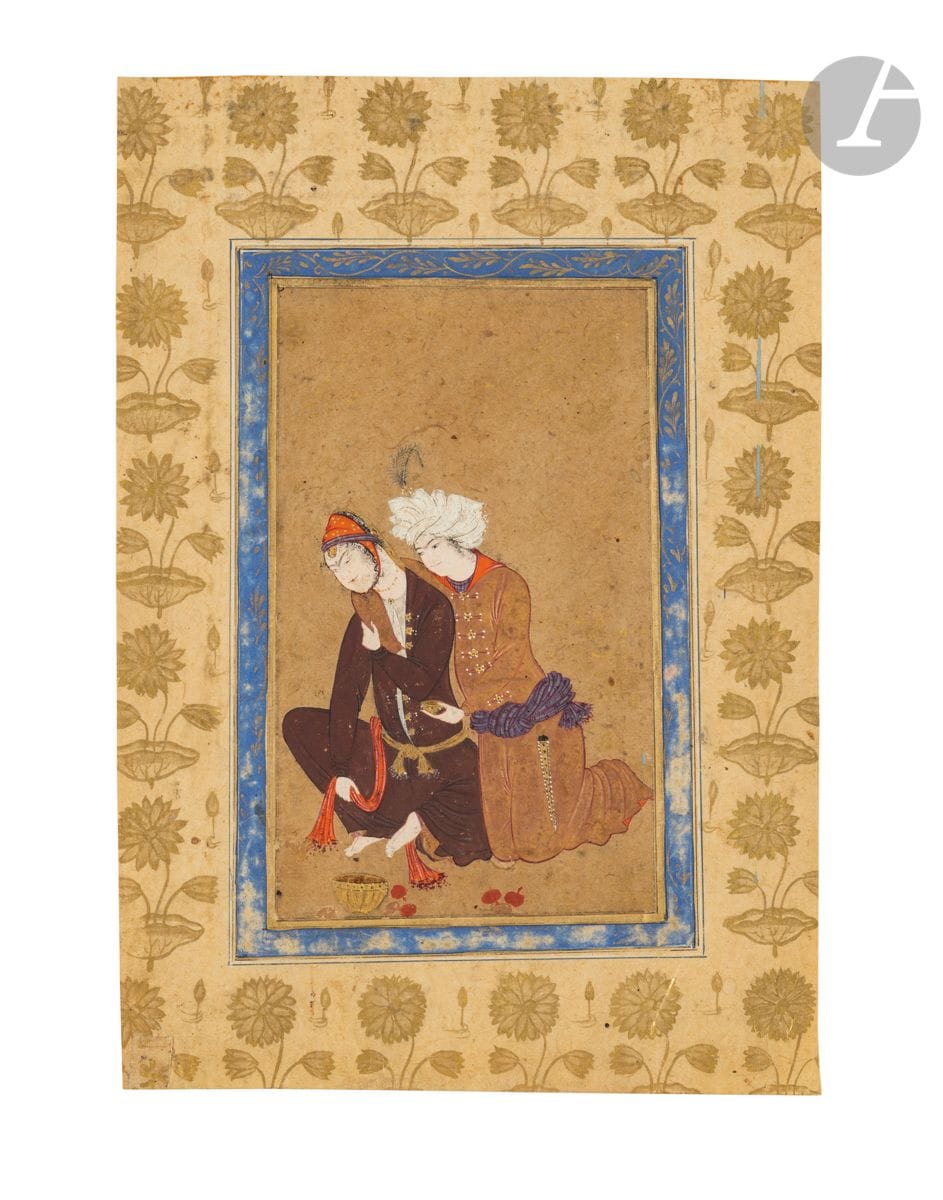 Couple of drunken lovers, Safavid Iran, mid-17th centuryGouache
and gold on an album page depicting a woman in an orange veil sitting on the ground embraced by a turbaned man kneeling beside her and holding a wine cup in his left hand. At their feet, a bowl of pomegranates symbolizing their love. The scene is framed by a blue border decorated with golden scrolls and a margin illuminated with gold and decorated with the repetition of a flowering stem. 
Dim. miniature: 15.2 x 9.2 cm; page: 24.5 x 17 cmSome
polychrome leaks and stains, folds and restorations in the margin
.
On the back, 11948 © inscribed in pencil. 

A couple share a tender embrace, Safavid Iran, Isfahan, mid-17th century






