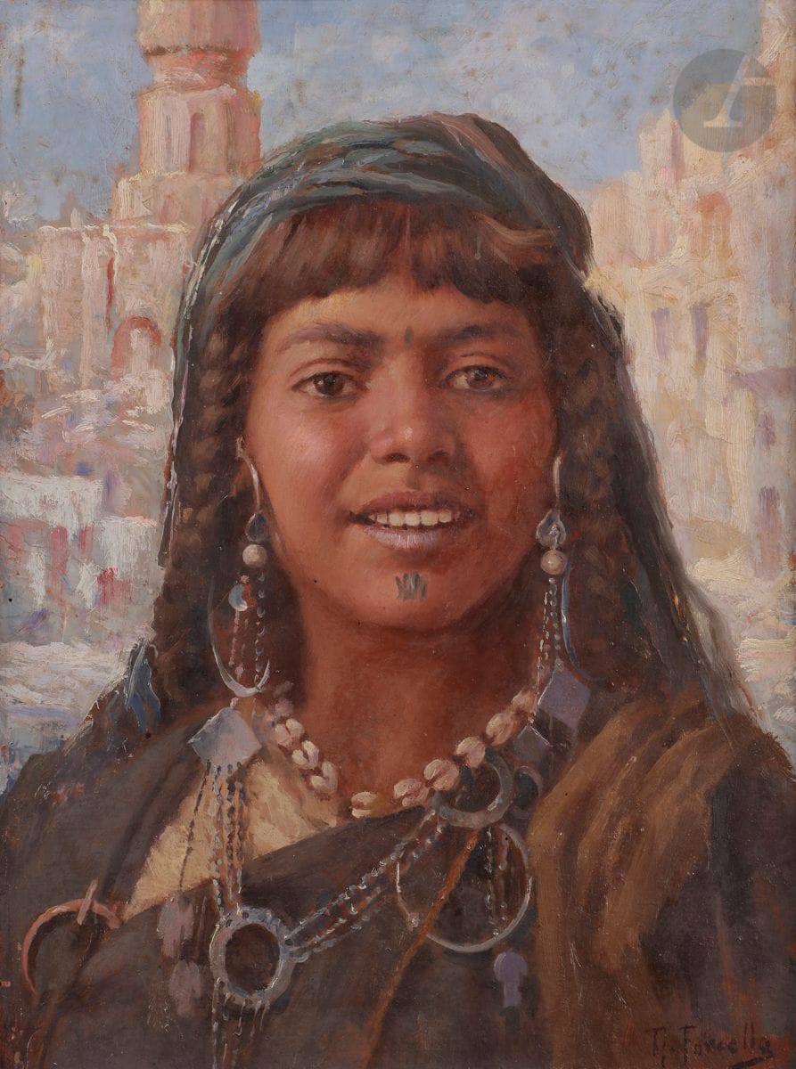 Forcella NICOLA (active around 1868
)Portrait of a Berber womanOil
on cardboard.
Signed lower right.
35 x 27 cm





