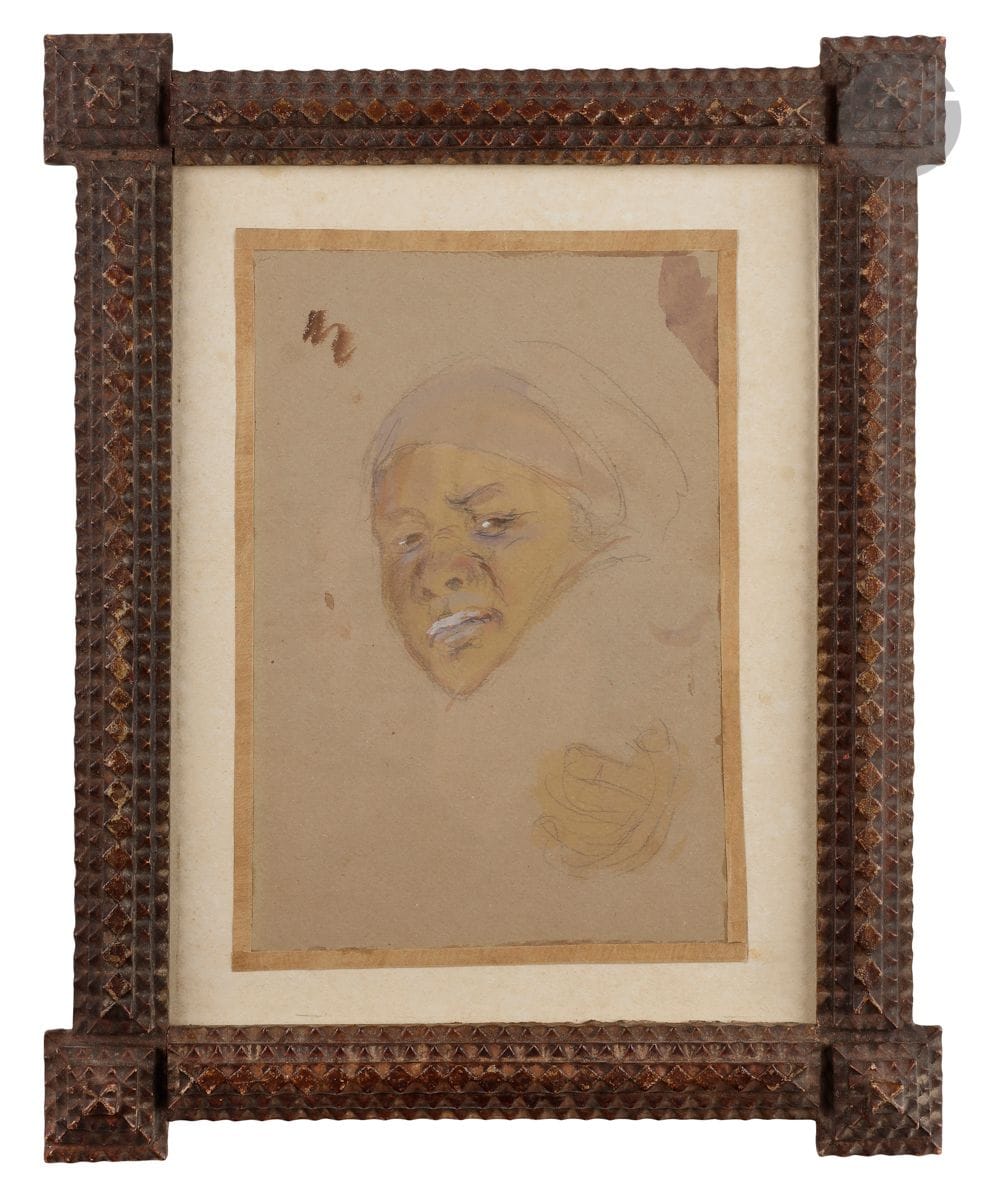 Etienne DINET (1861-1929
)Study of a Berber woman with a purple veilWatercolour
on pencil lines and gouache highlights.
22.5 x 15.5 cm










