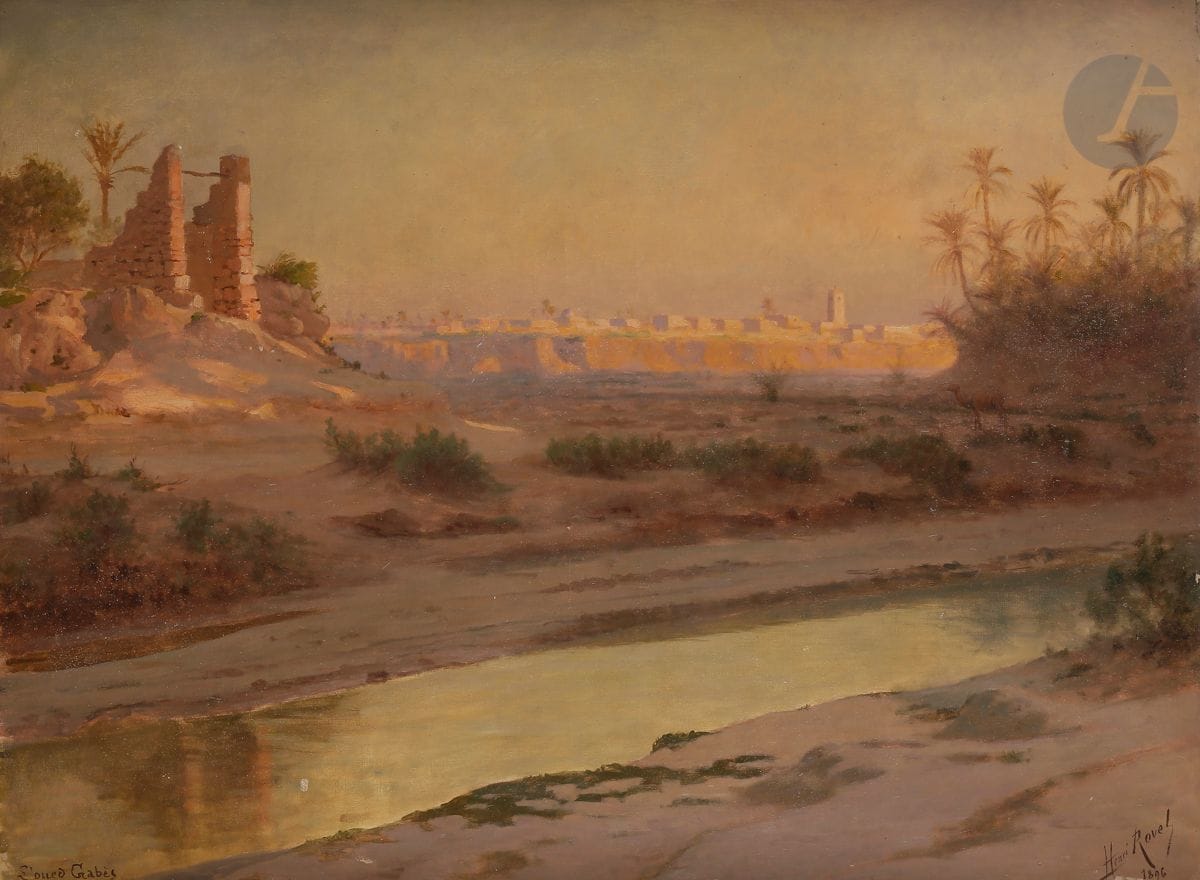 Henri ROVEL (1862-1926)
Tunisie, Menzel, l’oued Gabès, 1896
Huile sur toile.
Signée et datée en bas à droite.
Située en bas à gauche.
(Manques et restaurations).
81 x 111 cm

