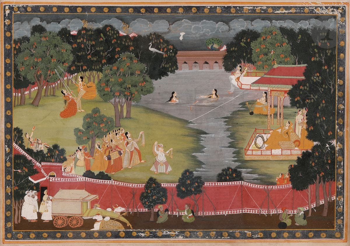 Princesses playing by a lake, North India, Rajasthan, Jaipur, late 19th / early 20th centuryGouache
and gold on paper. In a tree-lined lakeside landscape, several groups of women are depicted in scenes of entertainment: a group of dancers and musicians entertain a princess lying on cushions under a dai, two women swing while two others bathe in the lake to the sound of the sitar played by a third with her feet in the water. The harem is protected from the view of men by a canvas enclosure.
26.5 x 37.5 cmSome
paint chips, one fold. Frame. 

Princesses playing on the edge of a lake, North India, Rajasthan, Jaipur, late 19th-early 20th century






