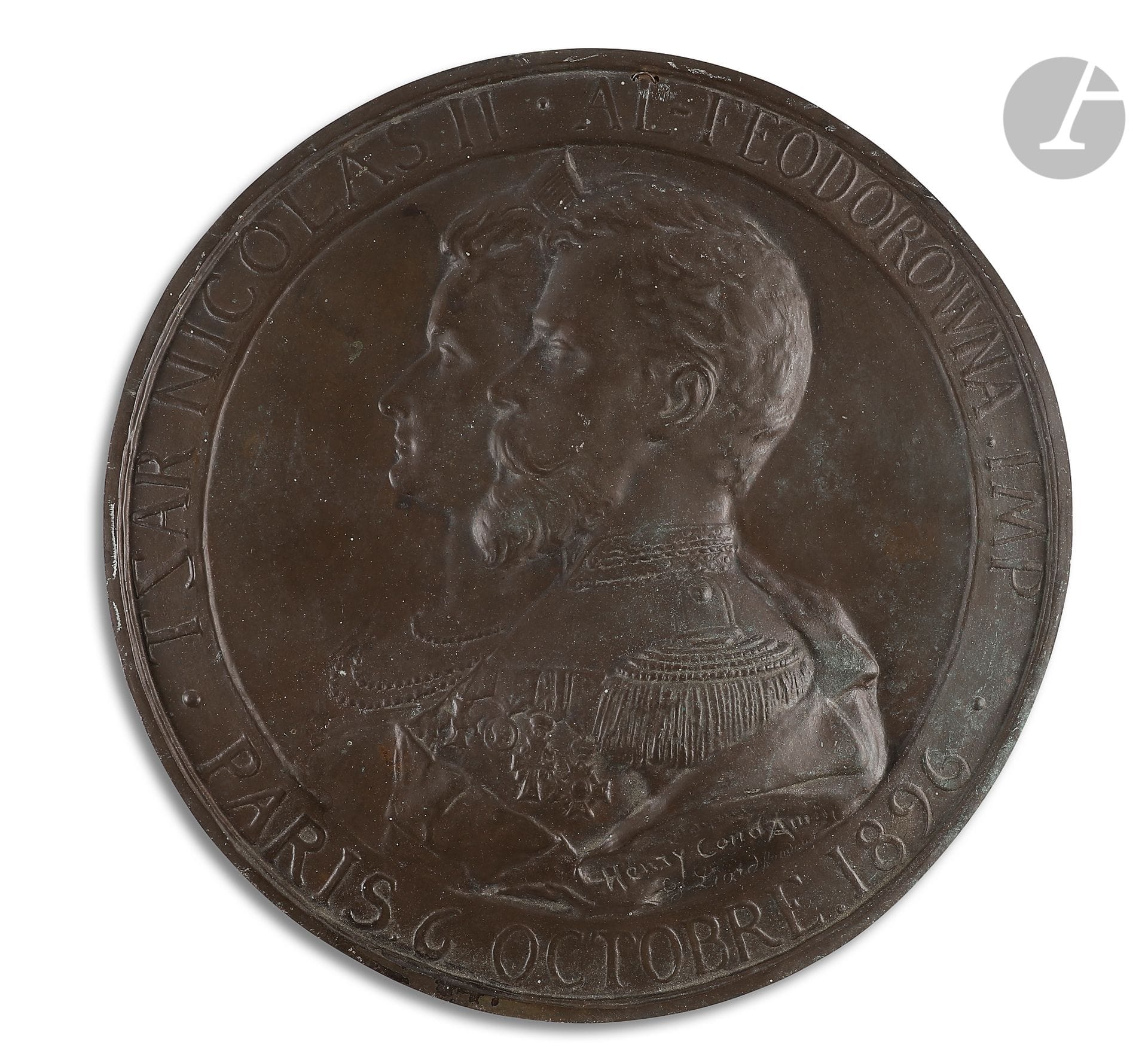 Henry COND'AMIN (Joseph Henri CONDAMIN) (1847-1918
)Founder Georges Liard (1857- after 1927)
Round bronze plate with profiles of Nicholas II and Alexandra Feodorovna.October 6, 1896.
Diameter: 32.5 cmOne

of the many productions in honor of the visit of the Emperor and Empress.

Henry COND'AMIN (Жозеф Анри КОНДАМИН) (1847-1918
)Отливщик Georges Liard
(
Жорж Лиар) (1857- после 1927
)Круглая односторонняя бронзовая пластинка с профильными бюстами Николая II и Александры Феодоровны. Вокруг надпись "TSAR NICOLS II - AL- FEODOROWNA. IMP - PARIS. 6 October. 1896
"Подписи скульптора и отливщика под обрезом бюста Николая II.
Диаметр: 32.5 смОдно
из многочисленных изделий, созданных в честь пребывания Императорской четы во Франции в октябре 1896 г.











