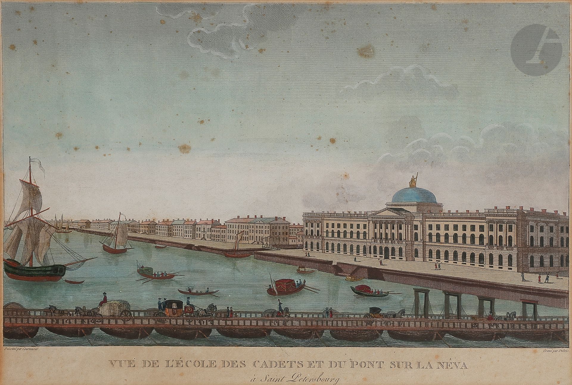 Henri COURVOISIER-VOISIN (1757-1830) [dessiné par]
1) Vue de l’École des cadets et du pont sur la Néva à Saint-Pétersbourg. Circa 1810.
2) Vue des montagnes de glaces pendant le Carnaval à Moscou.
Eaux-fortes aquarellées, gravées par Dubois.
28 x 40 cm (à vue)

Анри КУРВУАЗЬЕ-ВУАЗЕН (1757-1830) [рисовал]
1) Vue de l'École des cadets et du pont sur la Néva à Saint-Pétersbourg (Вид на здания Кадетского Корпуса и на мост через реку Неву в Санкт-Петербурге). Около 1810 г.
2) Vue des montagnes de glaces pendant le Carnaval à Moscou (Ледяные горы во время Масленной недели в Москве).
Раскрашенные офорты, гравировал Дюбуа.
28 х 40 см
Вид ледяных гор очень близок к гравюре Жерара Делабарта, но немного упрощен и приспособлен для оптического вида, столь модного на рубеже XVIII-XIX вв.