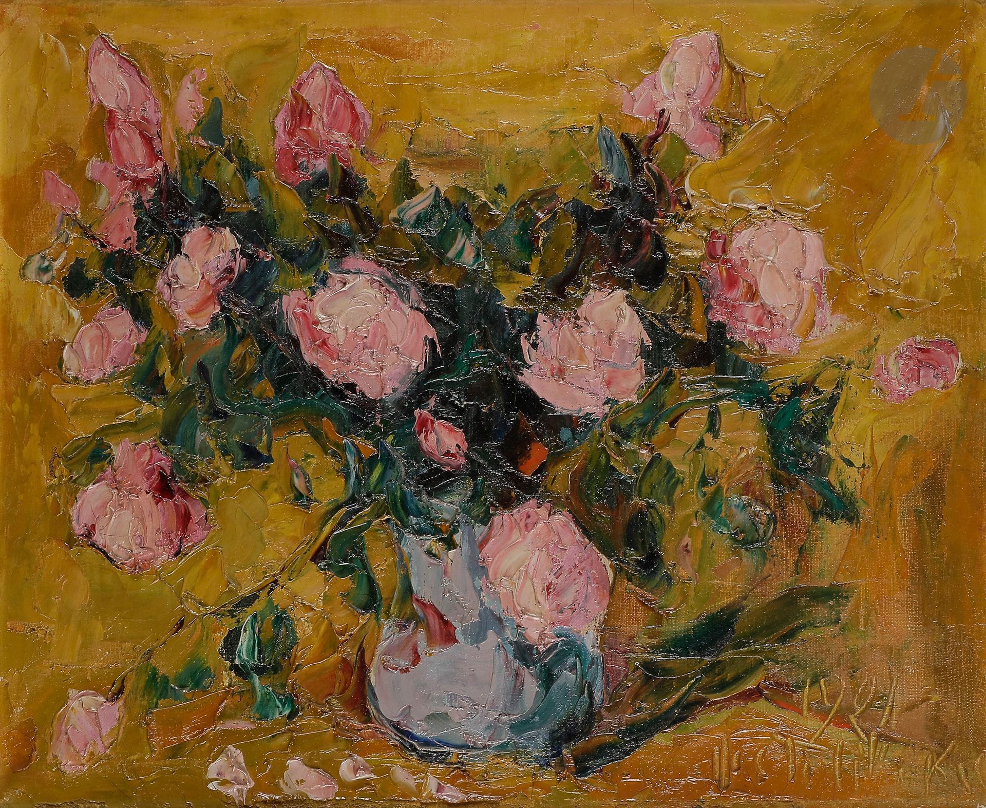 Wladimir Georges de TERLIKOWSKI
(1873-1951)
Bouquet de roses, 1921
Huile sur toile.
Signée et datée en bas à droite.
(Petite restauration).
54 x 65 cm

Владимир де ТЕРЛИКОВСКИЙ (1873-1951)
Натюрморт. Букет с розами. 1921
Холст, масло.
Подпись с датой внизу справа.
(Легкая реставрация).
54 х 65 см